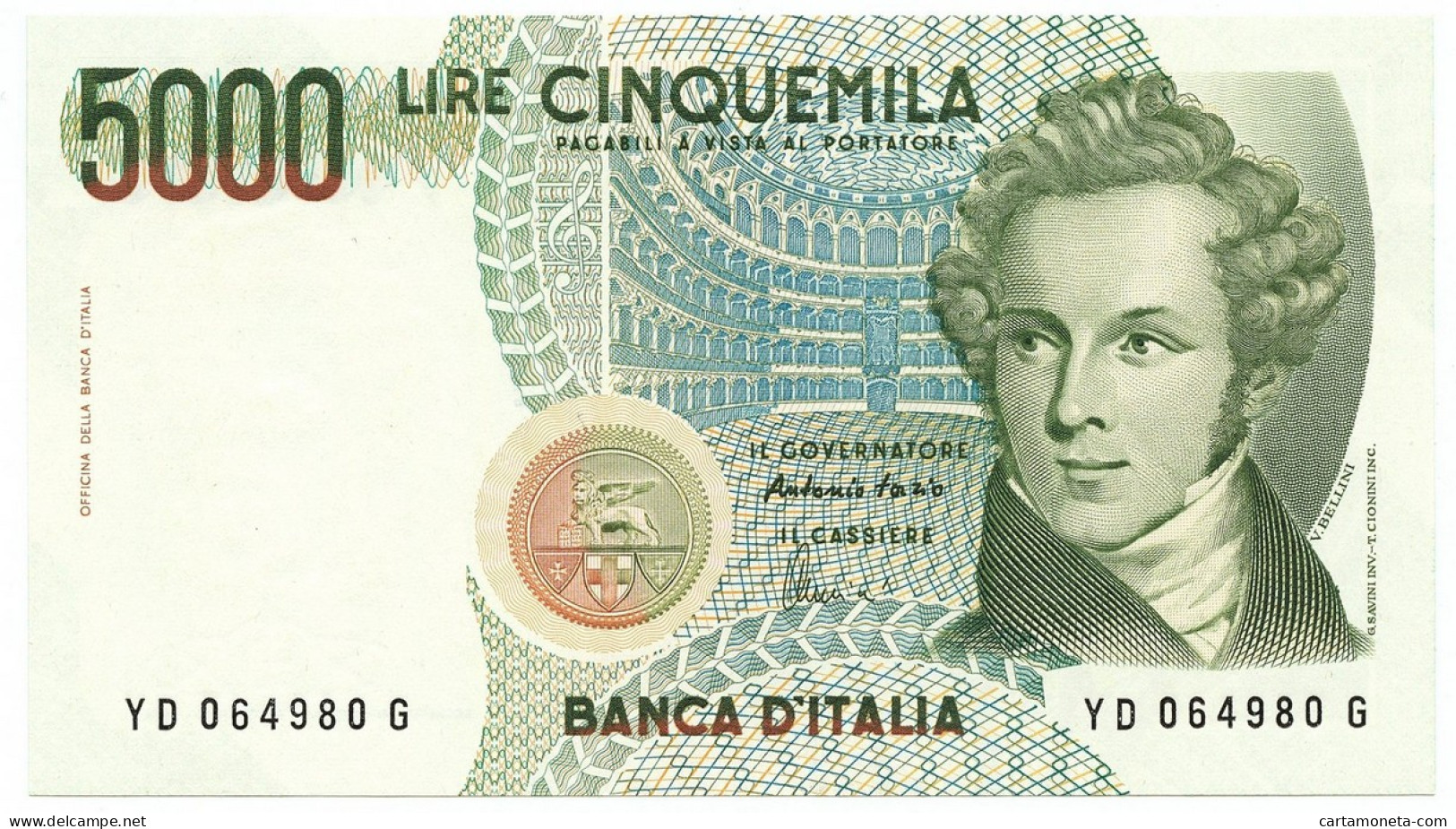 5000 LIRE BANCA D'ITALIA VINCENZO BELLINI LETTERA D 26/11/1996 FDS-/FDS - Autres & Non Classés