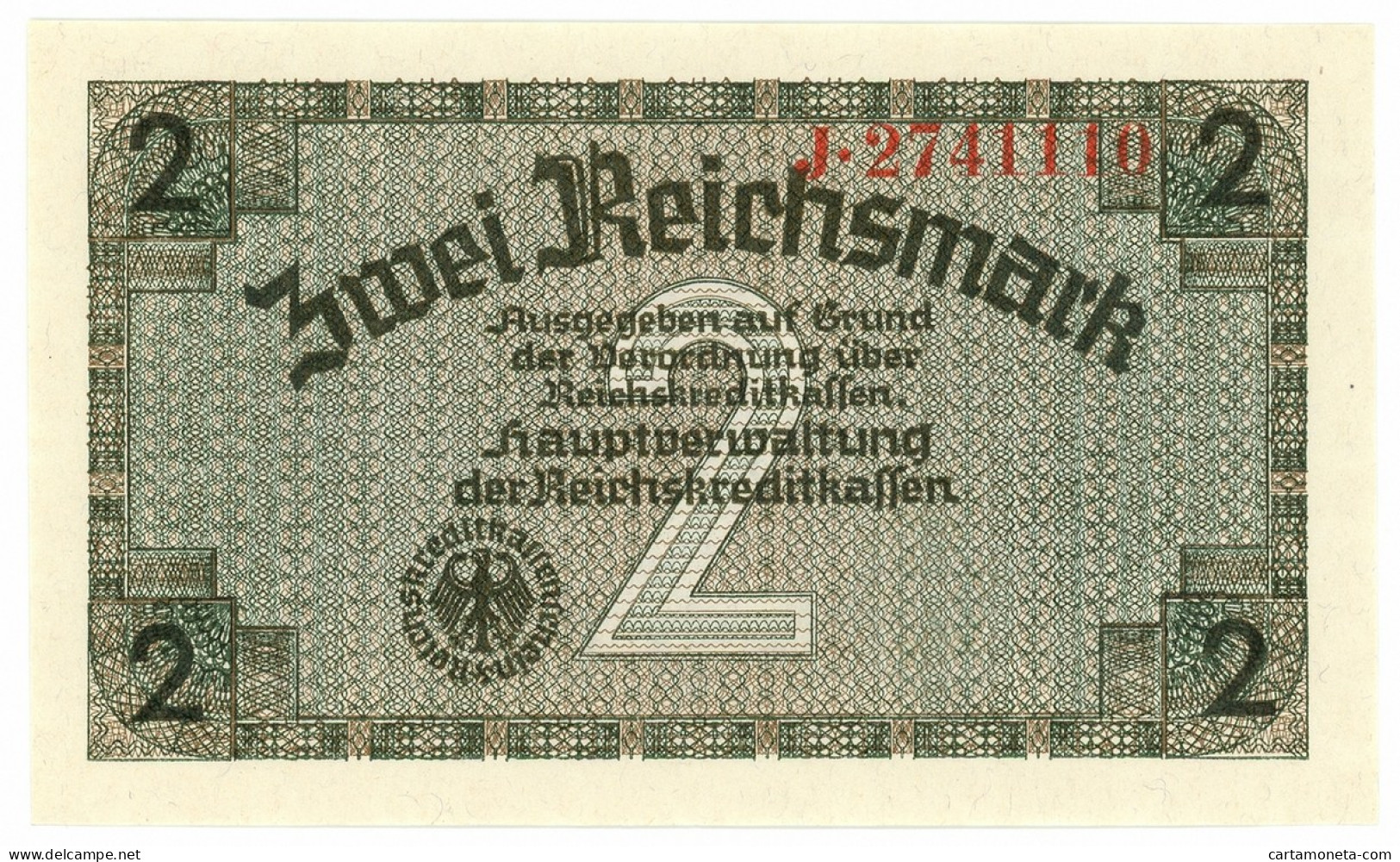 2 REICHSMARK OCCUPAZIONE TEDESCA ITALIA REICHSKREDITKASSEN 1943 FDS - Geallieerde Bezetting Tweede Wereldoorlog