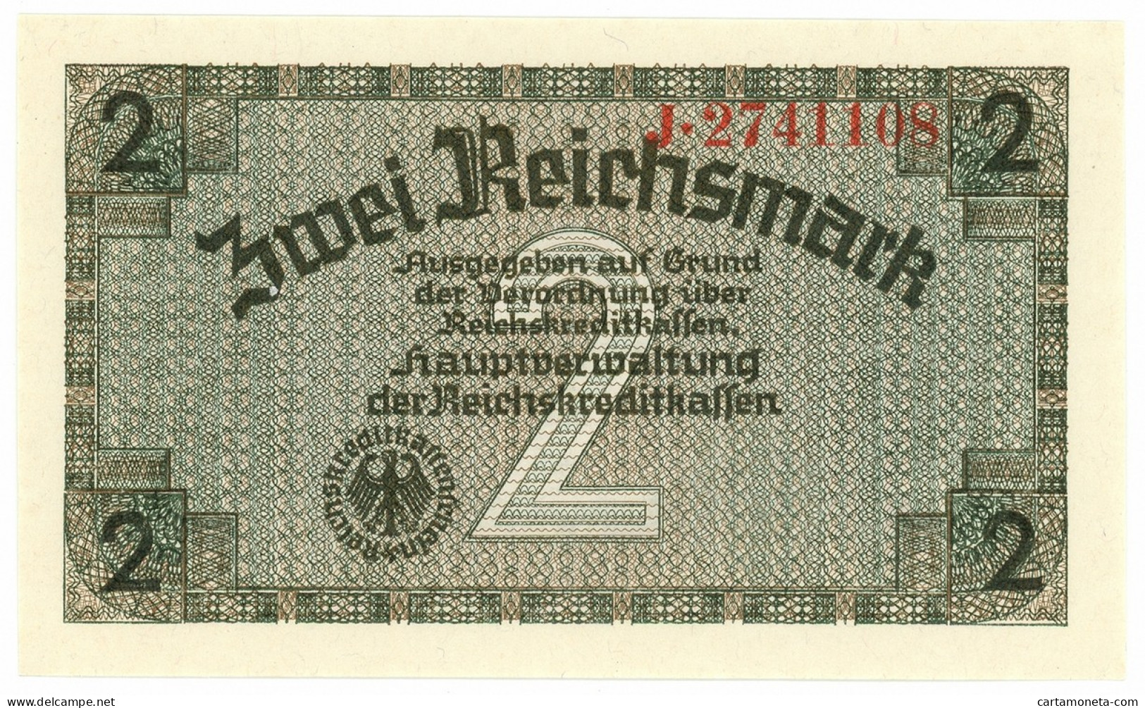 2 REICHSMARK OCCUPAZIONE TEDESCA ITALIA REICHSKREDITKASSEN 1943 FDS - Allied Occupation WWII