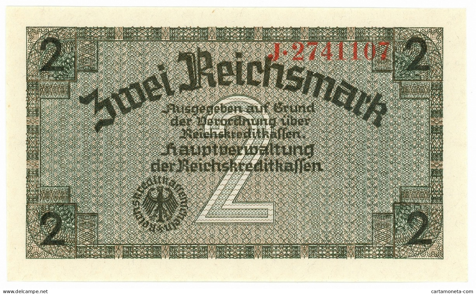 2 REICHSMARK OCCUPAZIONE TEDESCA ITALIA REICHSKREDITKASSEN 1943 FDS - 2. WK - Alliierte Besatzung