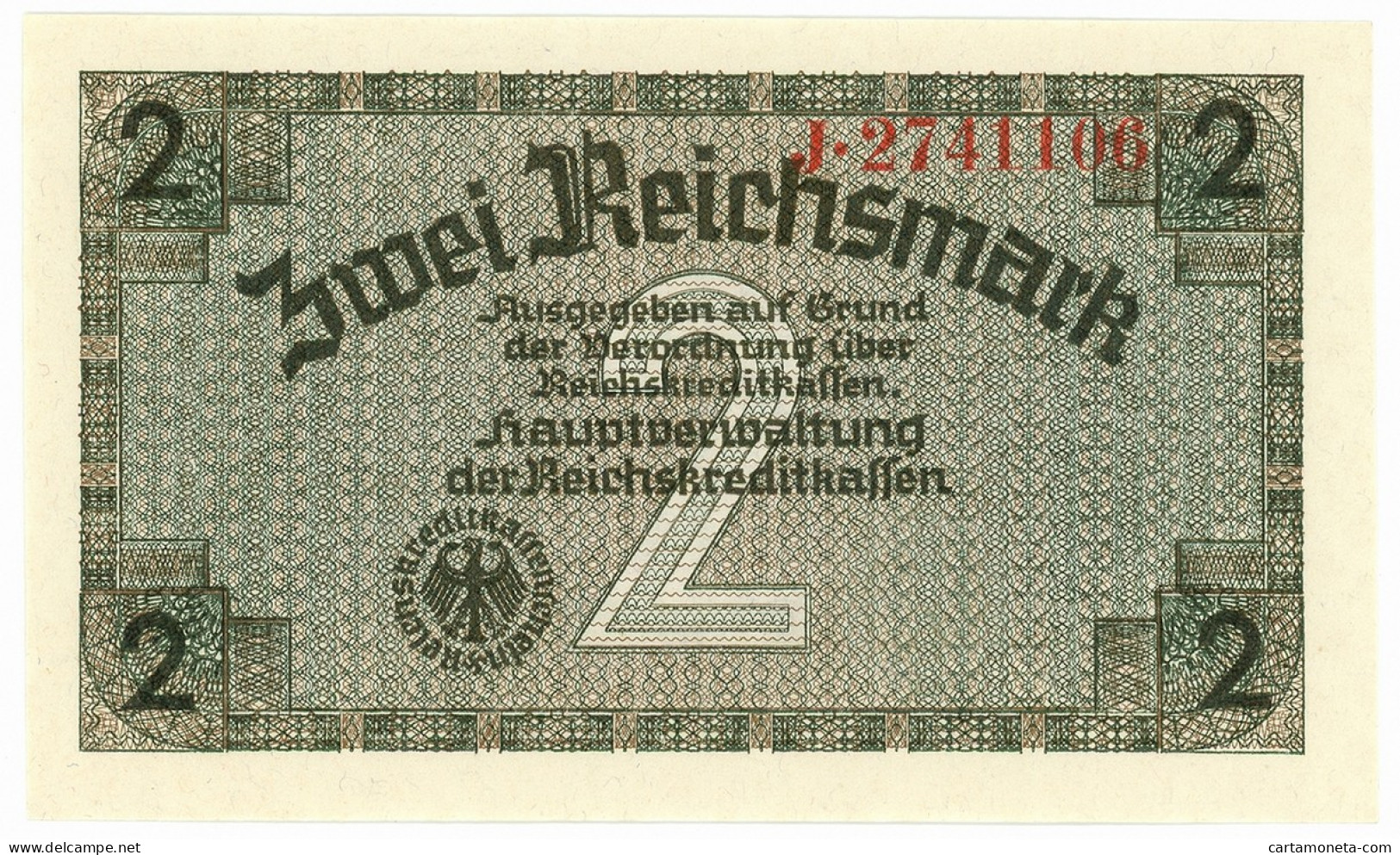 2 REICHSMARK OCCUPAZIONE TEDESCA ITALIA REICHSKREDITKASSEN 1943 FDS - Allied Occupation WWII