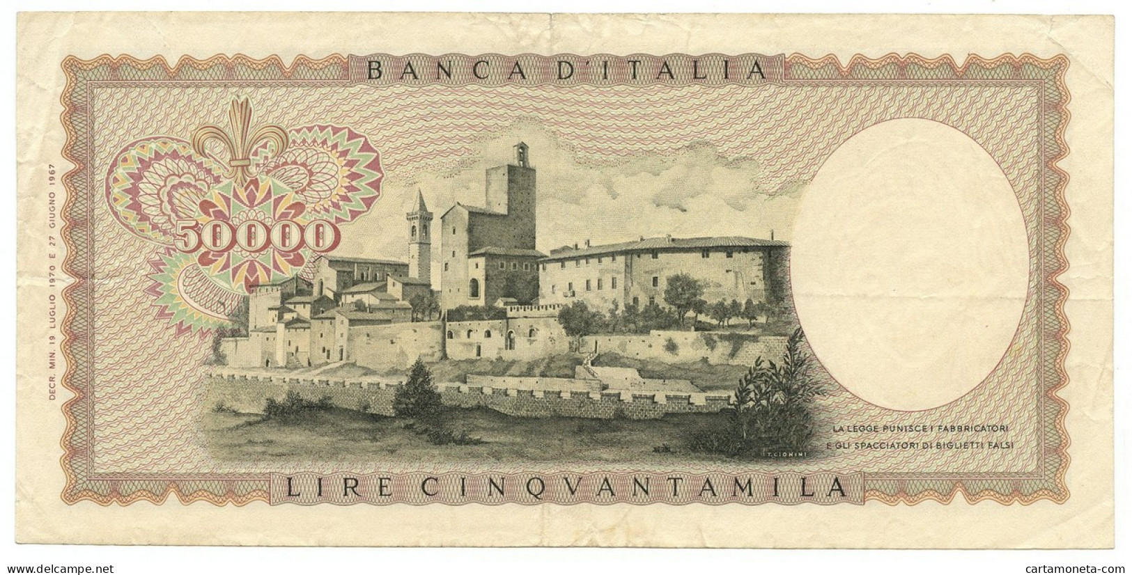 50000 LIRE BANCA D'ITALIA LEONARDO DA VINCI MEDUSA 19/07/1970 BB/BB+ - Altri & Non Classificati