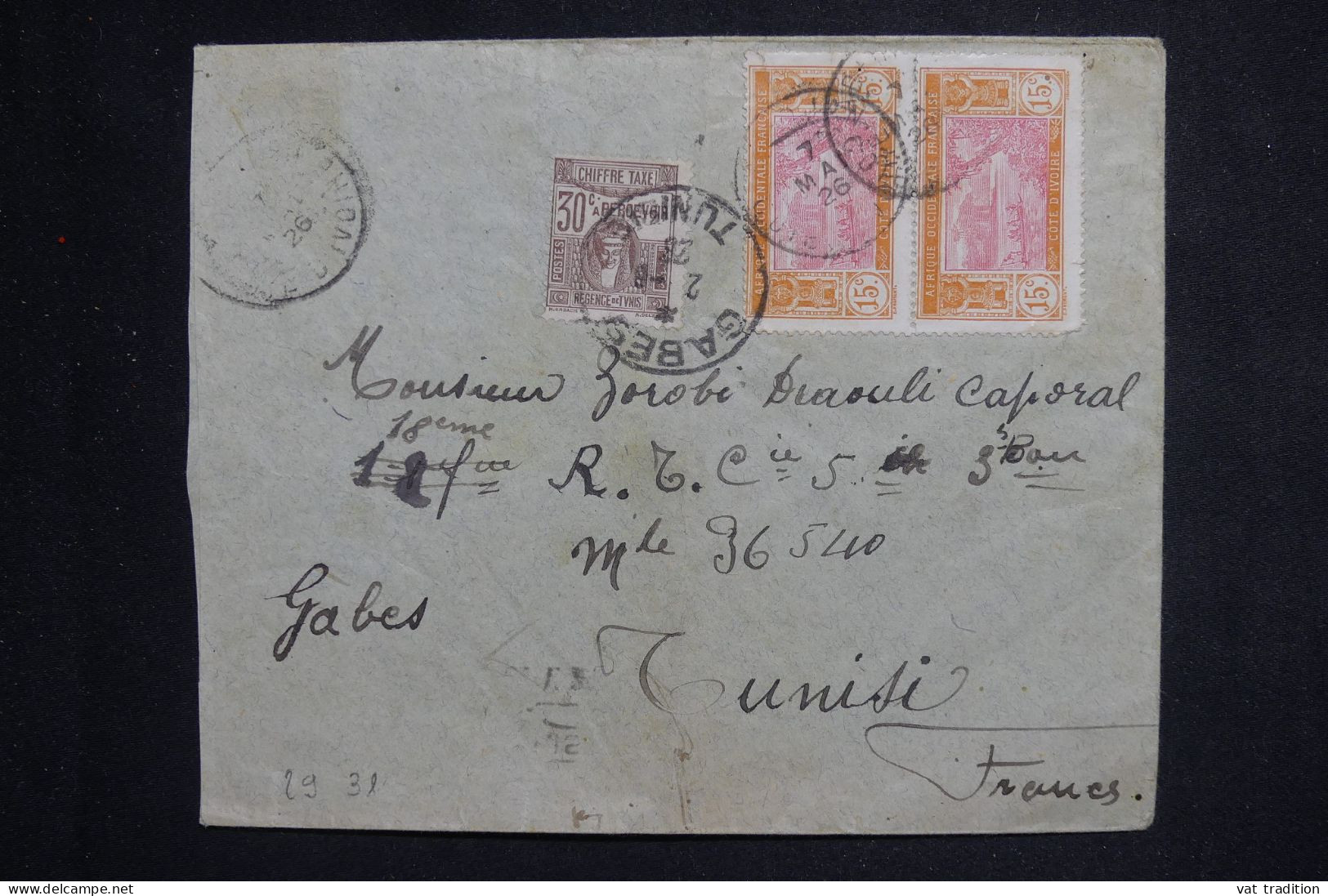 TUNISIE - Taxe De Gabes Sur Enveloppe De Abidjan En 1926  - L 150191 - Lettres & Documents