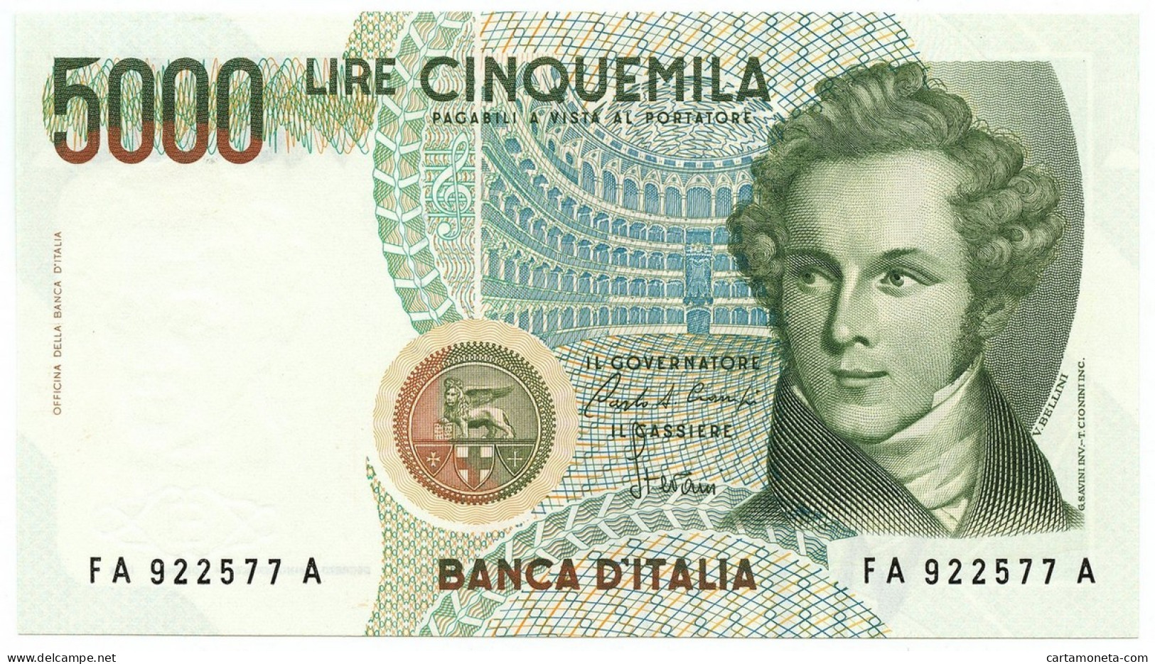 5000 LIRE BANCA D'ITALIA VINCENZO BELLINI LETTERA A 31/01/1985 FDS-/FDS - Altri & Non Classificati