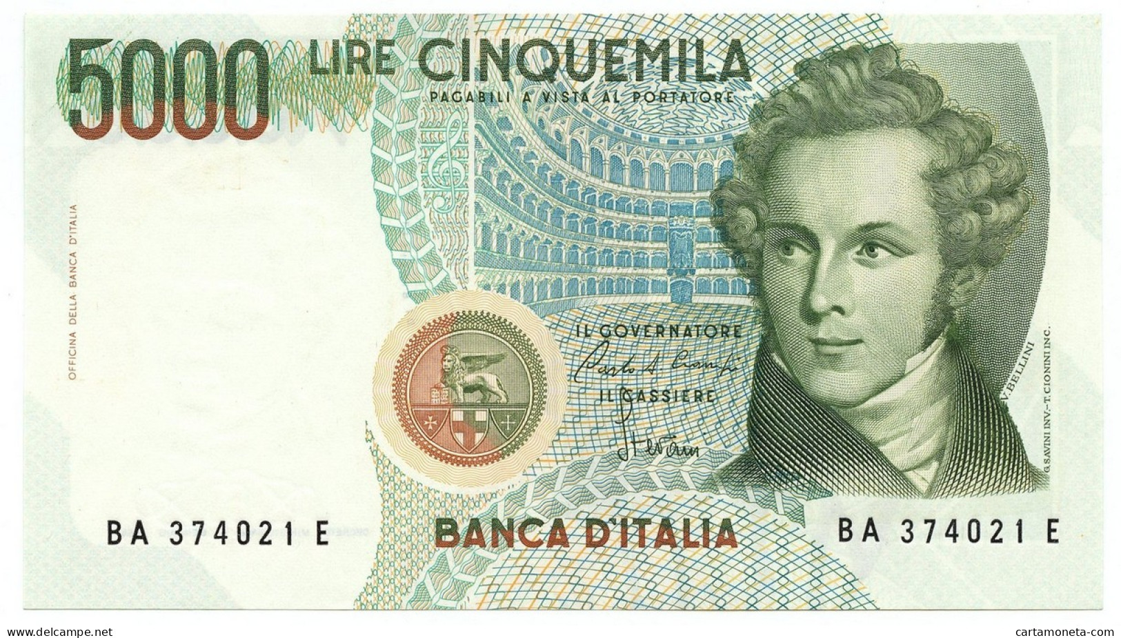 5000 LIRE BANCA D'ITALIA VINCENZO BELLINI LETTERA A 31/01/1985 FDS-/FDS - Autres & Non Classés