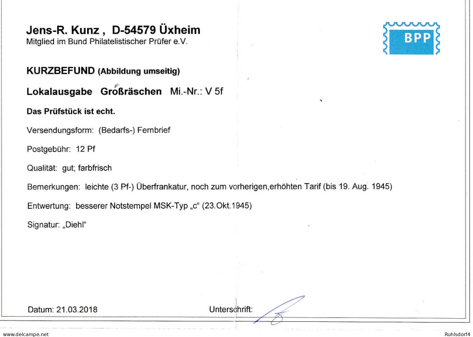 Großräschen Postzettel V 5f Auf Bedarfsbrief, Befund Kunz - Other & Unclassified