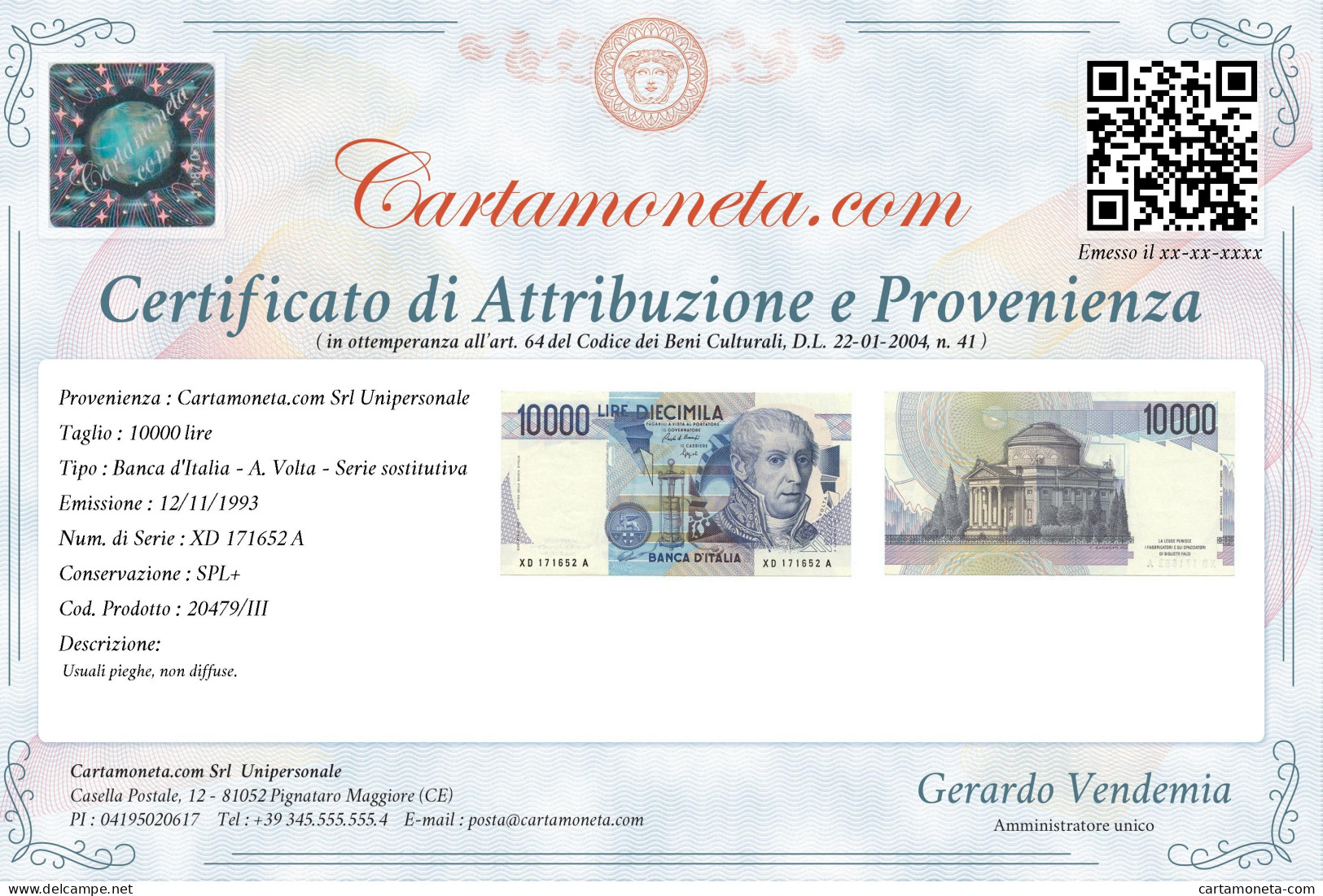 10000 LIRE B. D'ITALIA ALESSANDRO VOLTA SERIE SOSTITUTIVA XD 12/11/1993 SPL+ - Autres & Non Classés