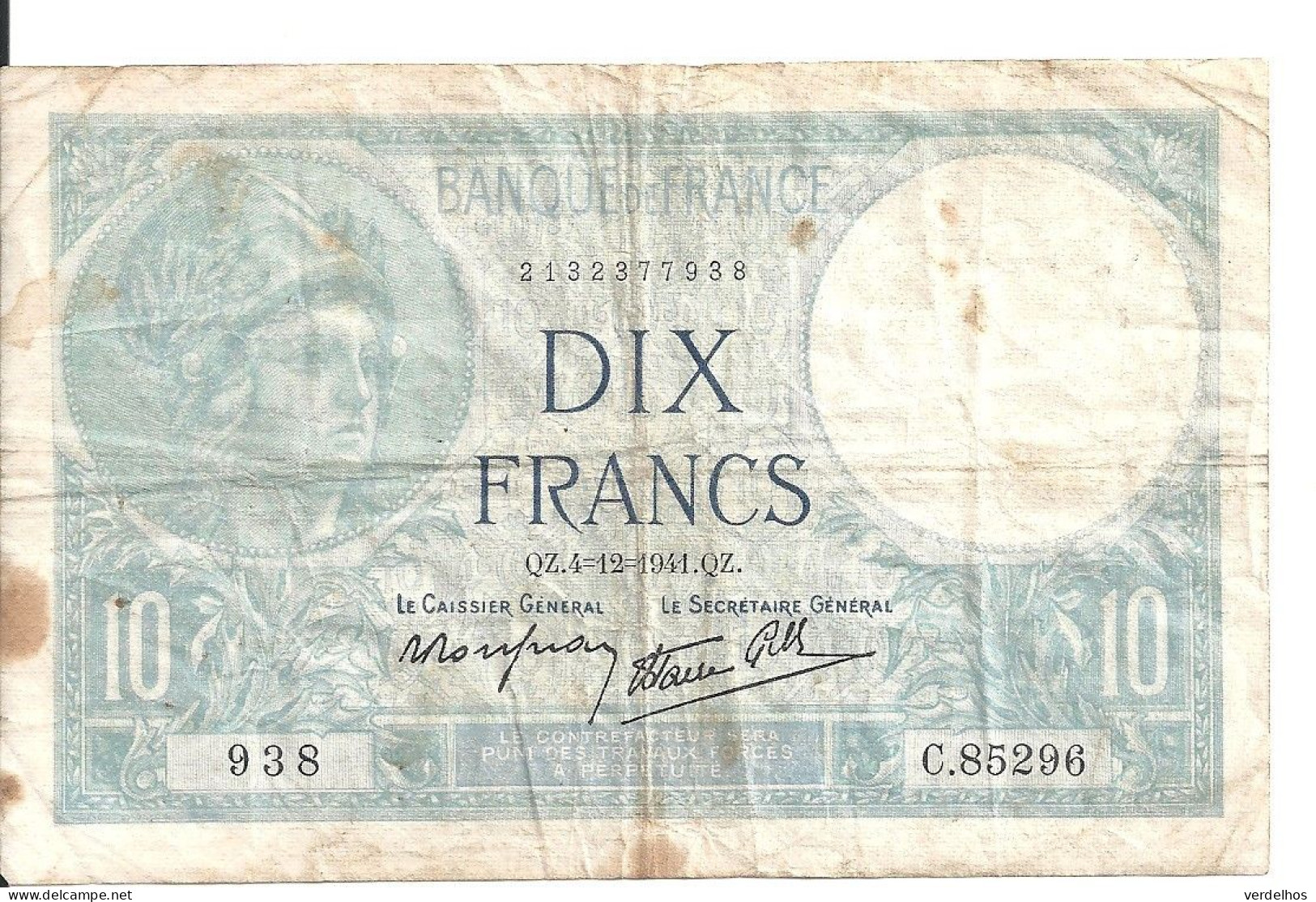 FRANCE 10 FRANCS 1941 VF P 84 - 10 F 1916-1942 ''Minerve''