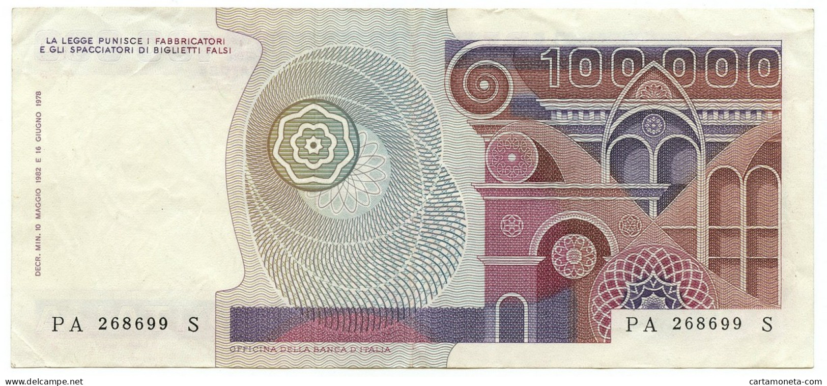 100000 LIRE BANCA D'ITALIA PRIMAVERA DI BOTTICELLI 10/05/1982 QSPL - Autres & Non Classés