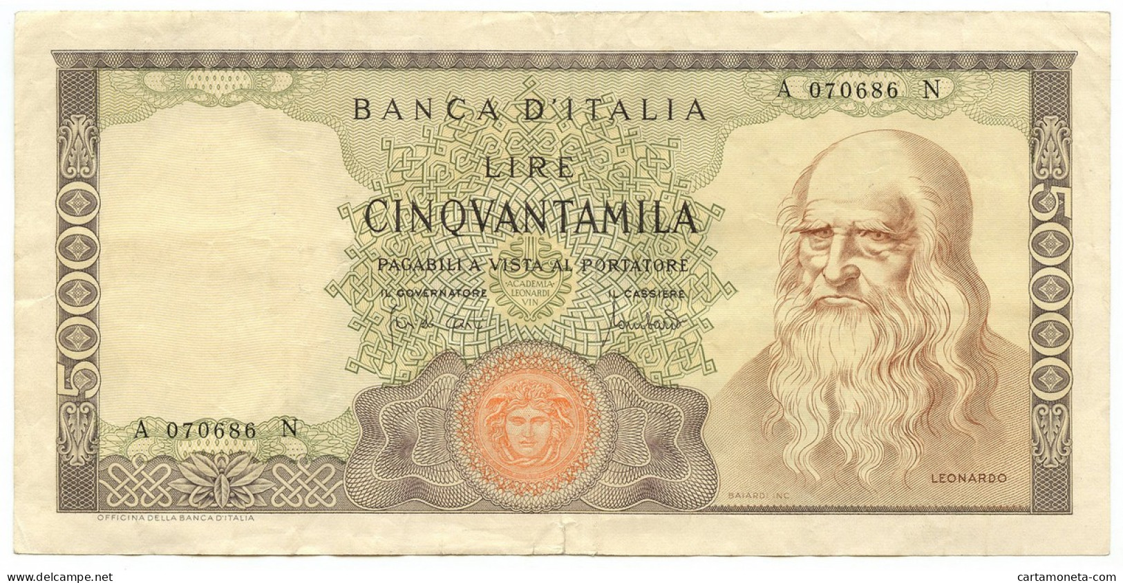 50000 LIRE BANCA D'ITALIA LEONARDO DA VINCI MEDUSA 19/07/1970 BB+ - Altri & Non Classificati