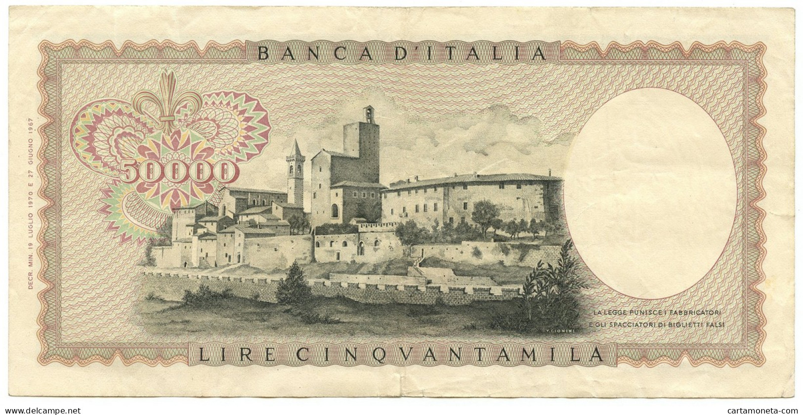 50000 LIRE BANCA D'ITALIA LEONARDO DA VINCI MEDUSA 19/07/1970 BB+ - Autres & Non Classés