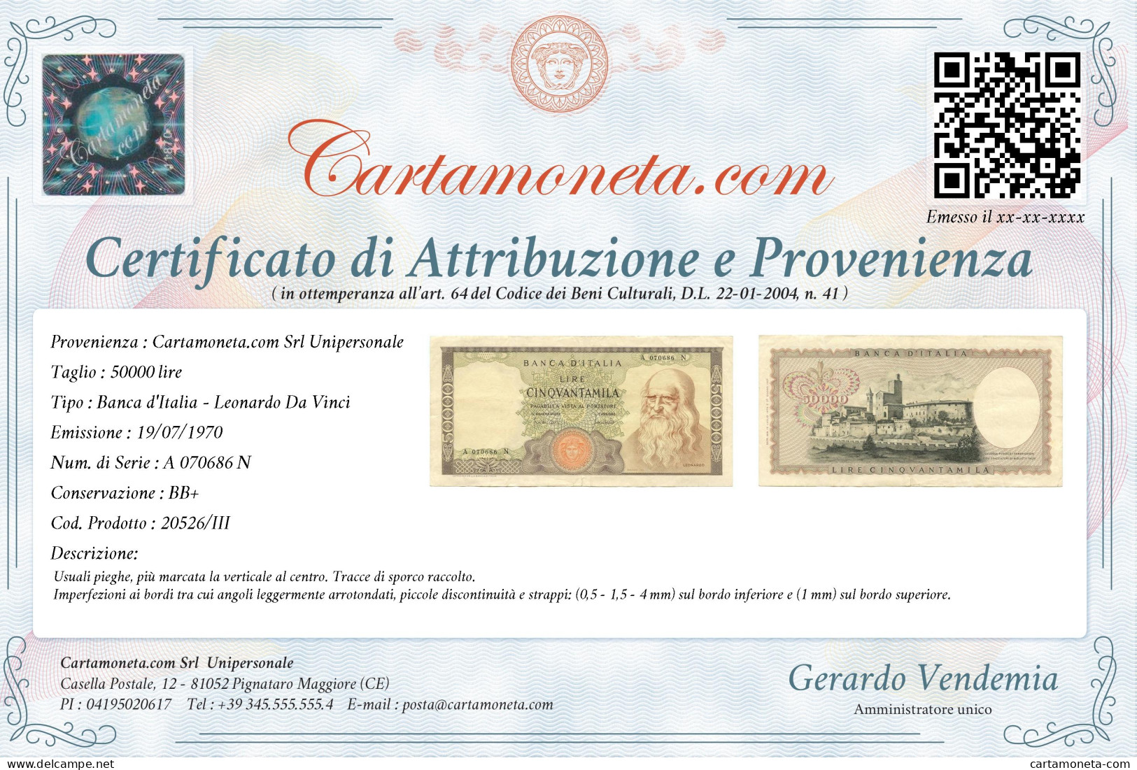 50000 LIRE BANCA D'ITALIA LEONARDO DA VINCI MEDUSA 19/07/1970 BB+ - Andere & Zonder Classificatie