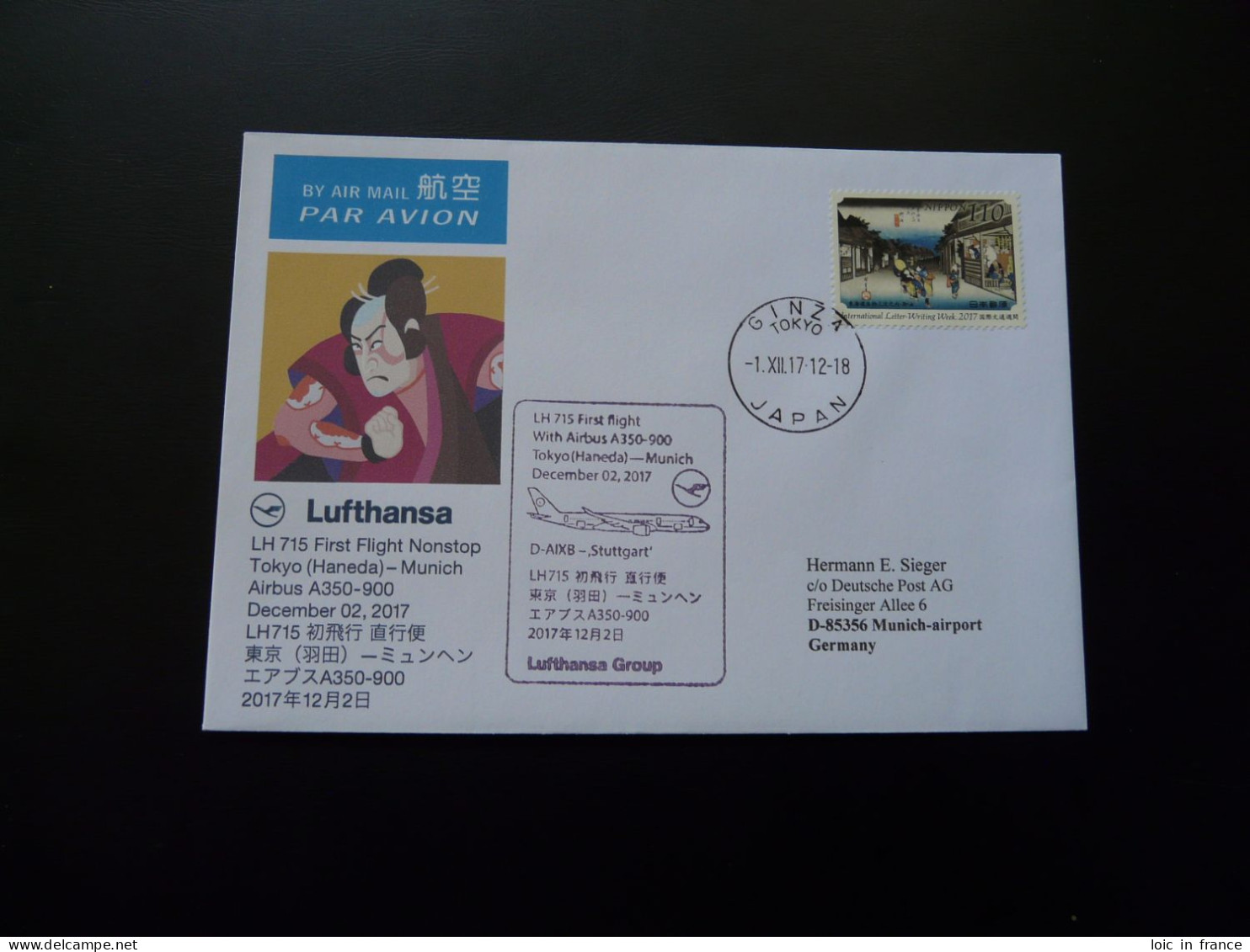 Lettre Premier Vol First Flight Cover Tokyo Japan To Munchen Airbus A350 Lufthansa 2017 - Lettres & Documents