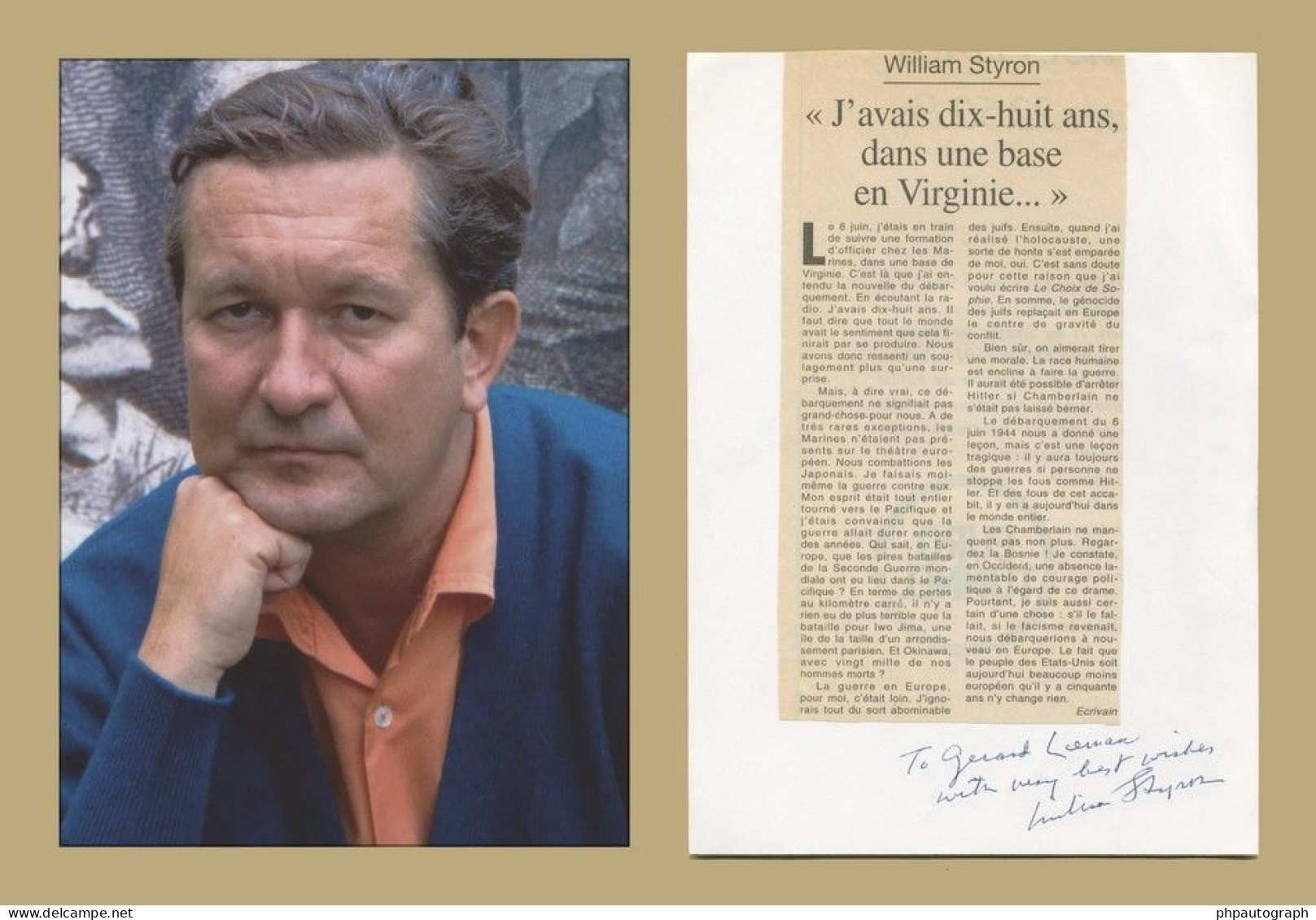 William Styron (1925-2006) - American Novelist - Signed Article + Photo - Escritores