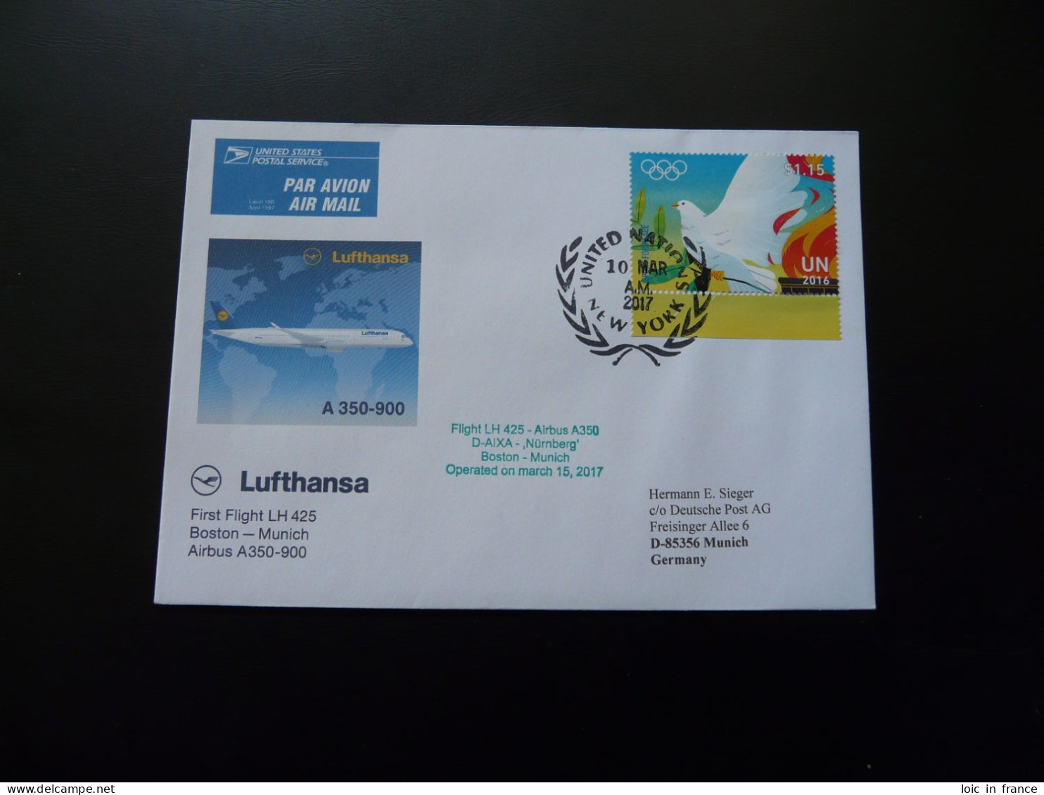 Lettre Premier Vol First Flight Cover Boston Munchen Airbus A350 Lufthansa 2017 - Briefe U. Dokumente