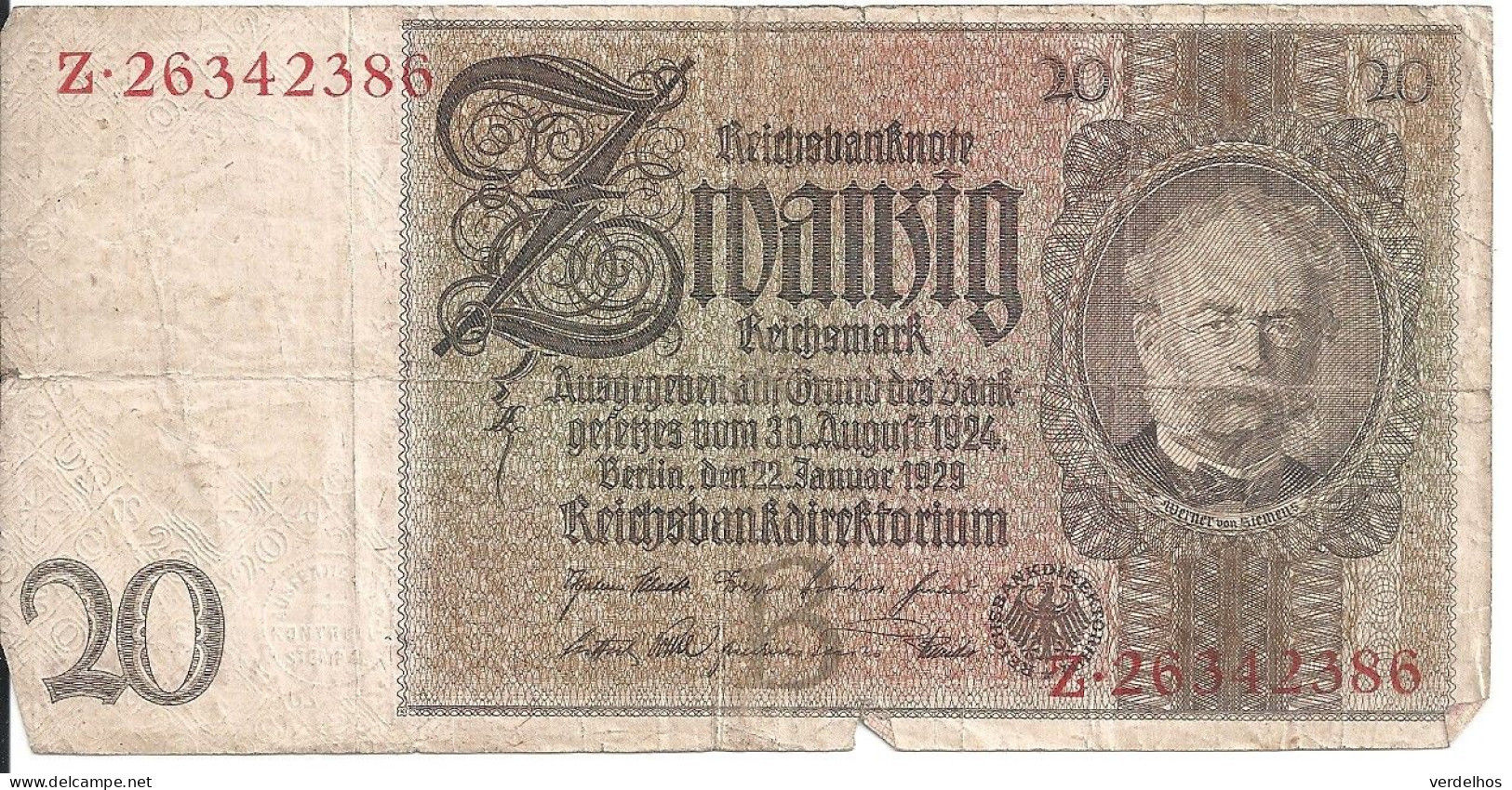 ALLEMAGNE 20 REICHMARK 1929 VG+ P 181 - 20 Mark