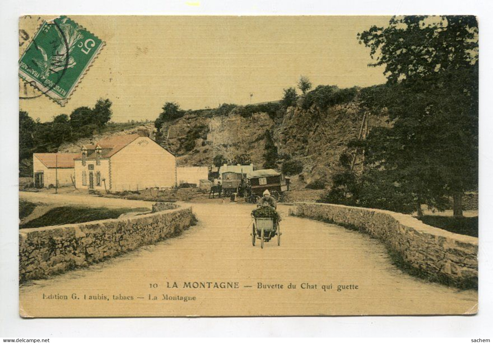 44 DEP 374 LA MONTAGNE  Visuel Rare Buvette Du Chat Qui Guette Roulottes Romanichels Paysanne Et Triolette  1911 Timb - La Montagne