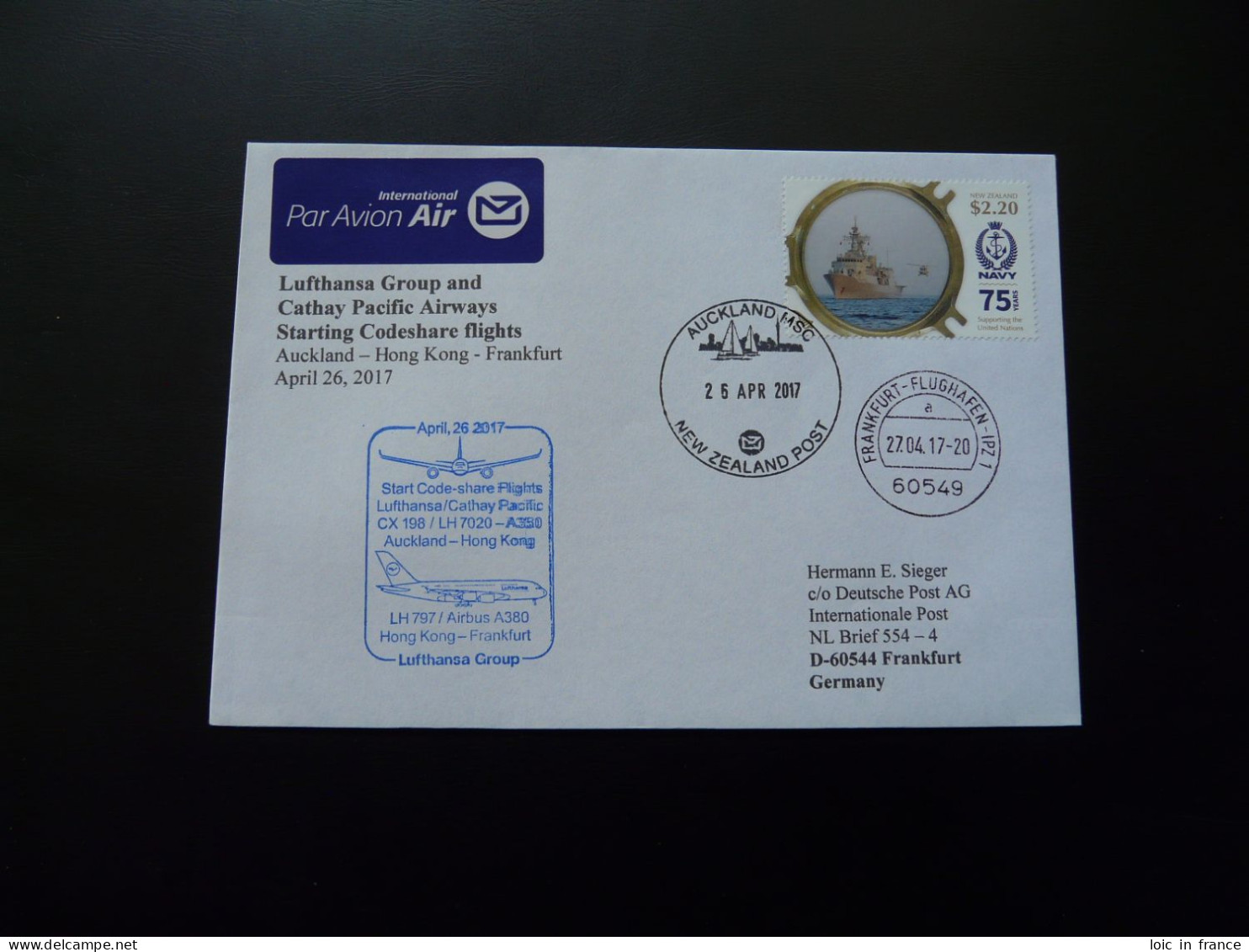 Lettre Premier Vol First Flight Cover Auckland To Frankfurt Airbus A350 Lufthansa Cathay Pacific 2017 - Covers & Documents