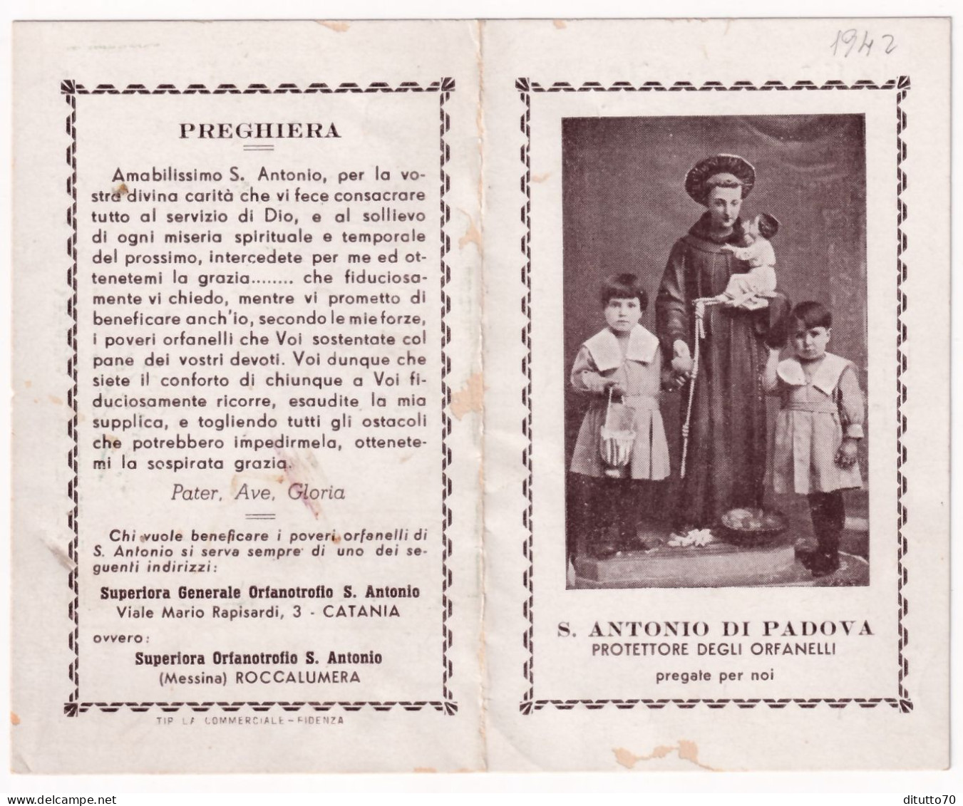Calendarietto - S.antonio Di Padova - Prottetre Degli Orfannelli  Roma - Anno 1942 - Petit Format : 1941-60