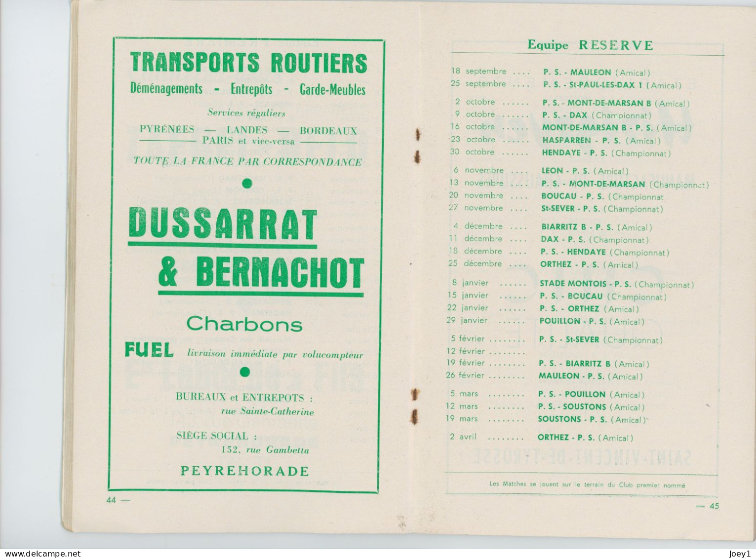 Calendrier Rugby Peyrehorade Sports Saison 1966 1967 Avec Sponsor - Other & Unclassified