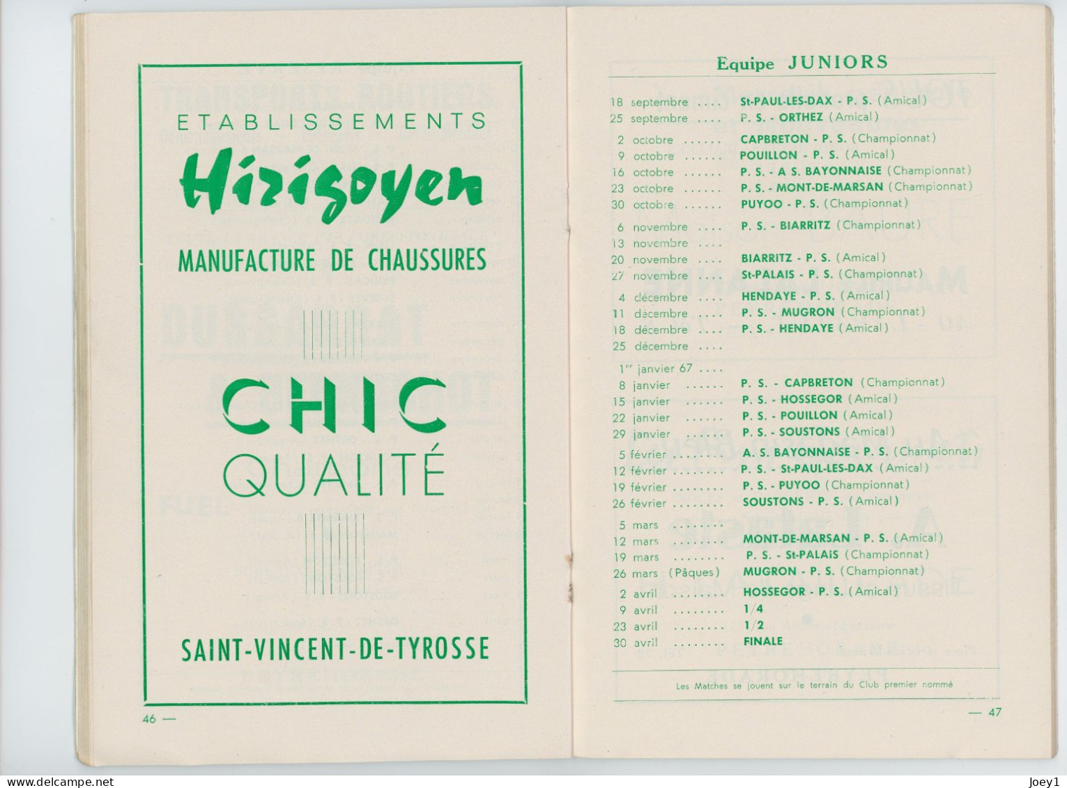 Calendrier Rugby Peyrehorade Sports Saison 1966 1967 Avec Sponsor - Sonstige & Ohne Zuordnung