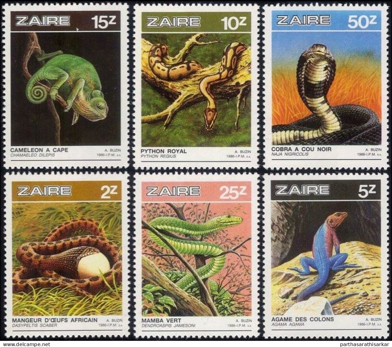 ZAIRE 1986 REPTILES SNAKES LIZARDS NATURE WILDLIFE COMPLETE SET MNH - Slangen