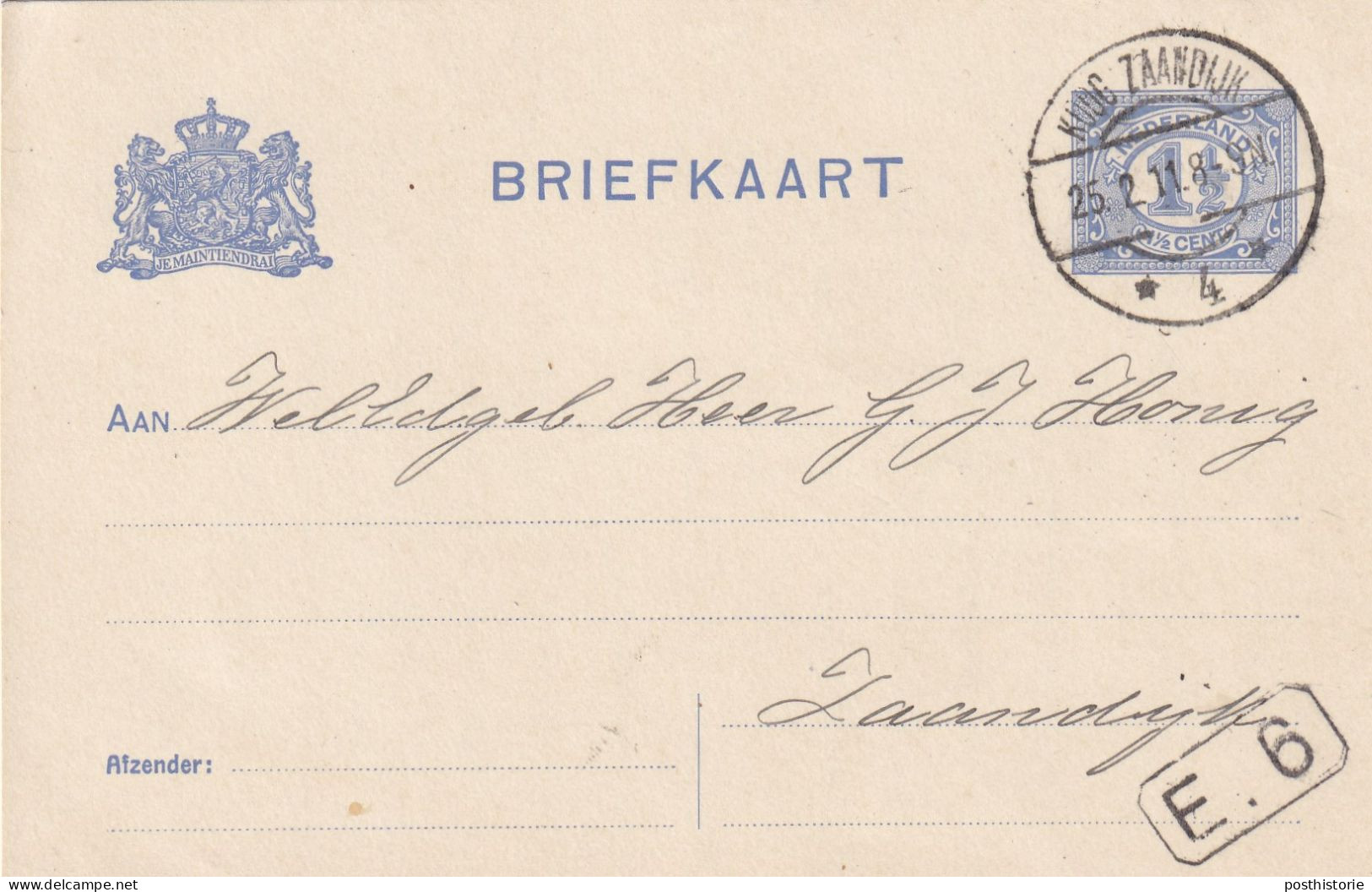 Briefkaart 1 1/2 Cent 25 Feb 1911 Koog Zaandijk *4* (langebalk) - Poststempels/ Marcofilie