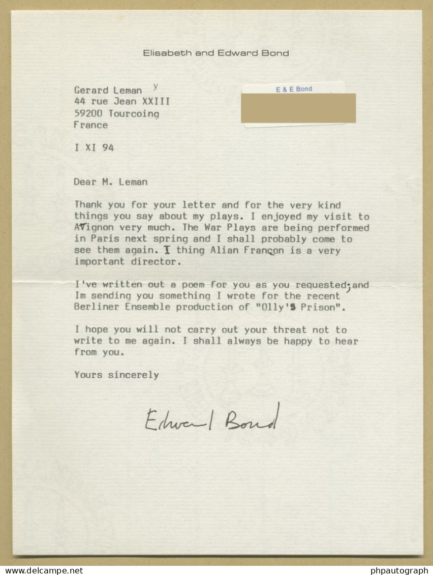 Edward Bond (1934-2024) - English Playwright - Authentic Signed Letter + Photo - 1994 - Escritores