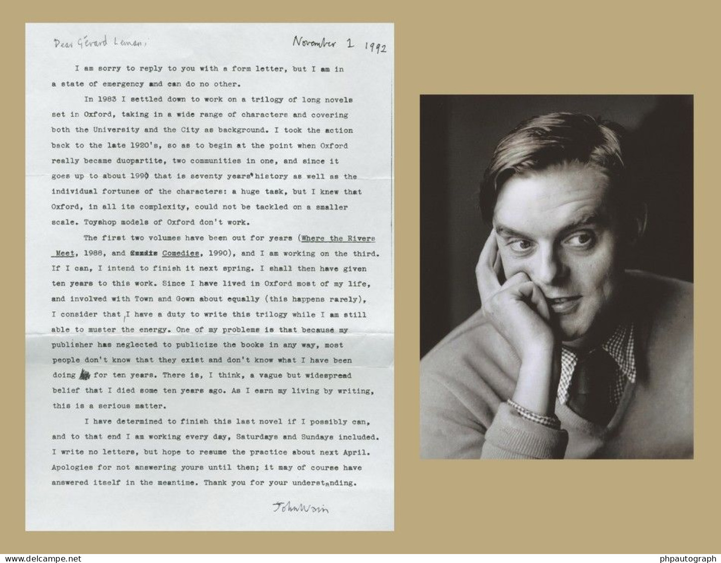 John Wain (1925-1994) - English Writer - Rare Signed Letter + Photo - 1992 - Escritores
