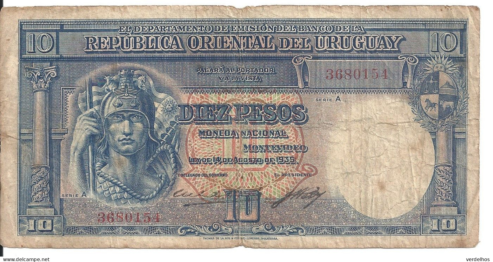 URUGUAY 10 PESOS 1935 VG+ P 30 - Uruguay