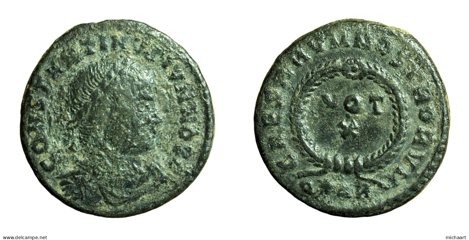 Roman Coin Constantine II Arles Follis AE18mm Bust / VOT X Wreath 04243 - L'Empire Chrétien (307 à 363)