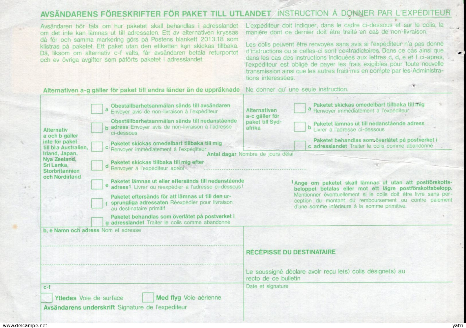 Svezia (1993) - Bollettino Pacchi Per La Francia - Lettres & Documents