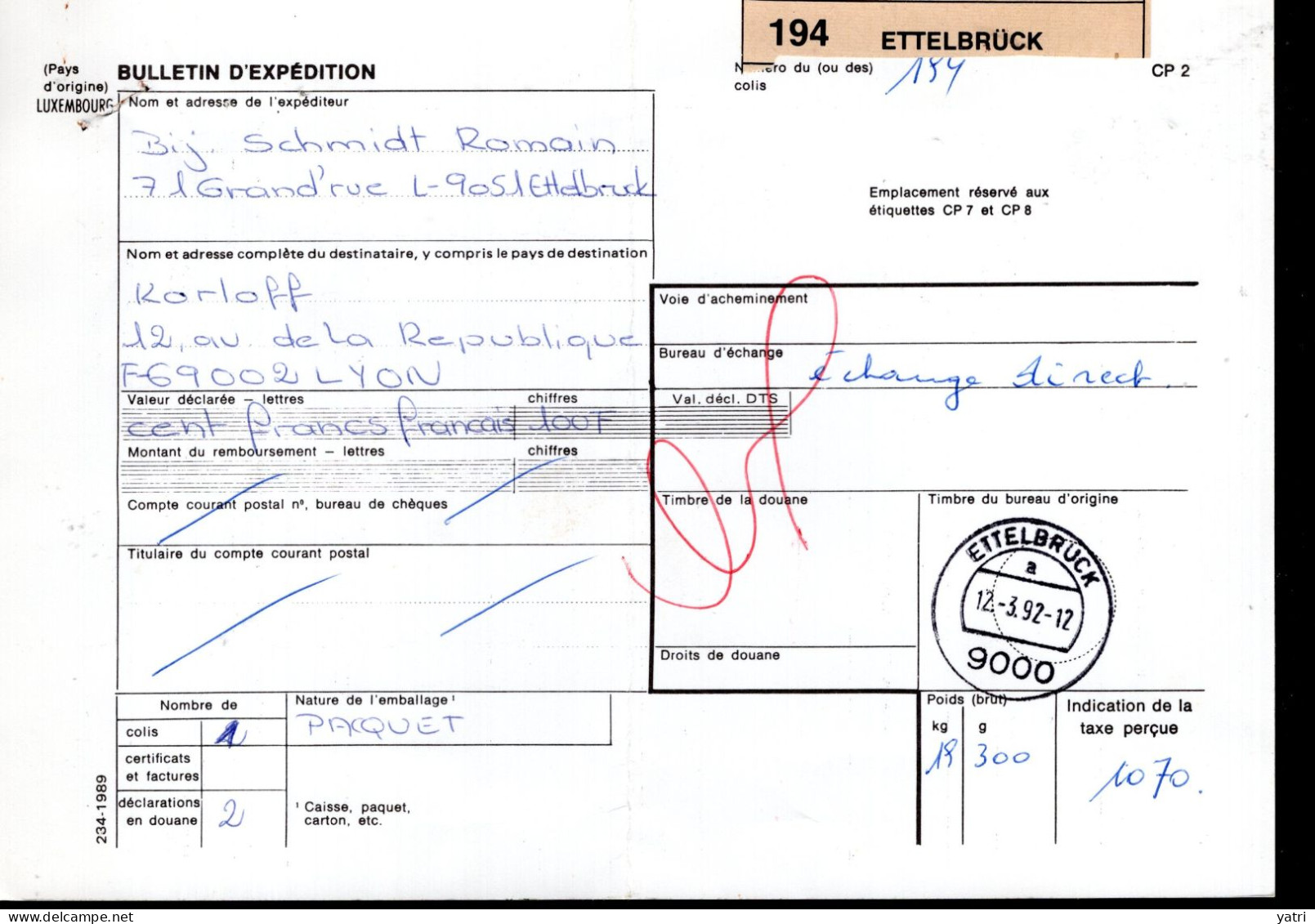 Lussemburgo (1992) - Bollettino Pacchi Per La Francia - Covers & Documents