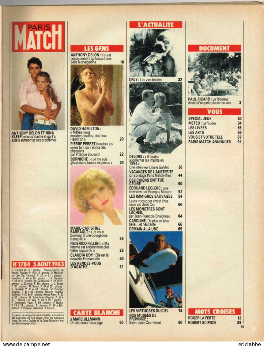 PARIS MATCH N°1784 Du 05 Août 1983 Anthony Delon - Delors - Enfants Martyrs - Vacances - Allgemeine Literatur