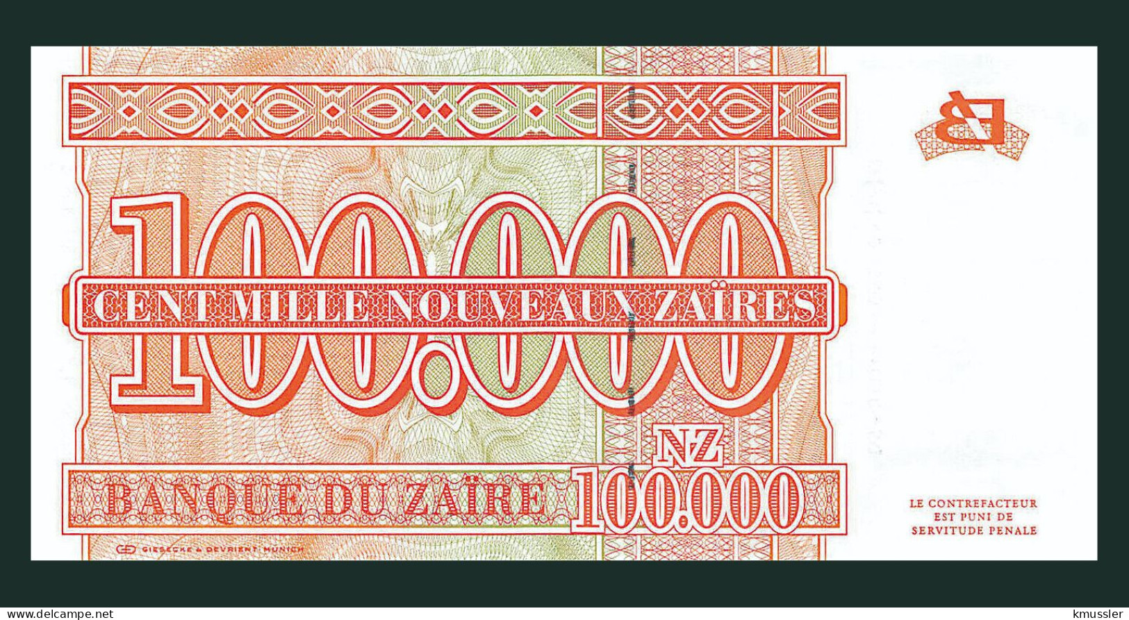 # # # Banknote Zaire 100.000 Zaires 1995 (P-76) G-D UNC # # # - Zaïre