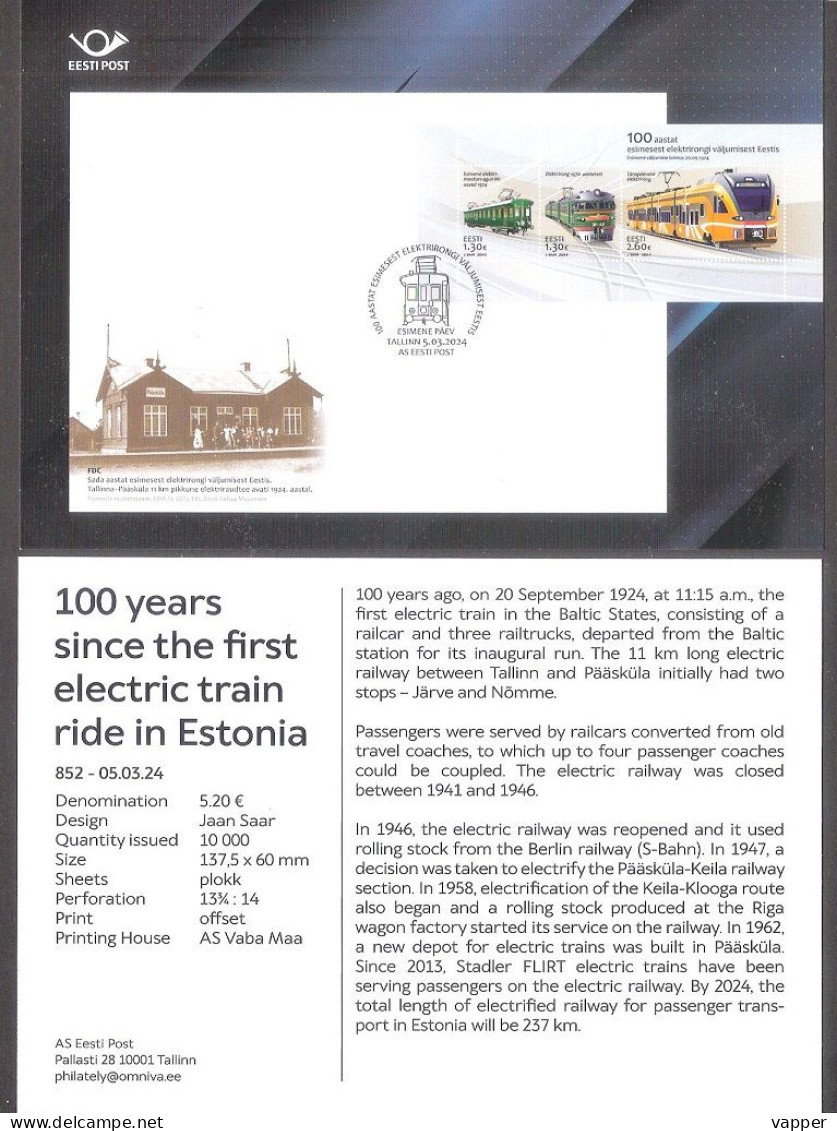 First Electric Train In Estonia 100 Years  2024 Estonia Sheet Presentation Card (eng) Mi BL61 - Estonia