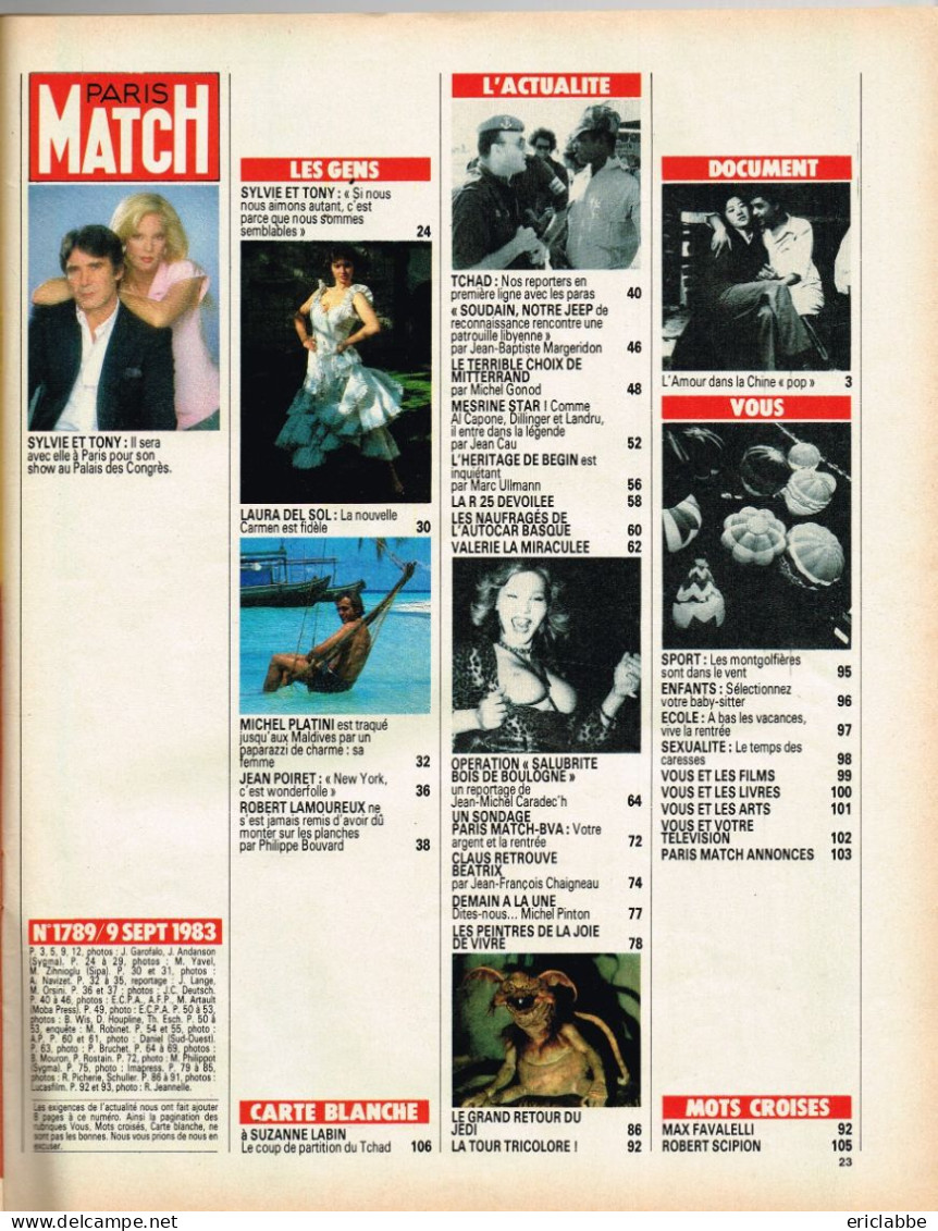 PARIS MATCH N°1789 Du 9 Septembre 1983 Sylvie Vartan Et Tony - Tchad - R25 - Bois De Boulogne - Informations Générales