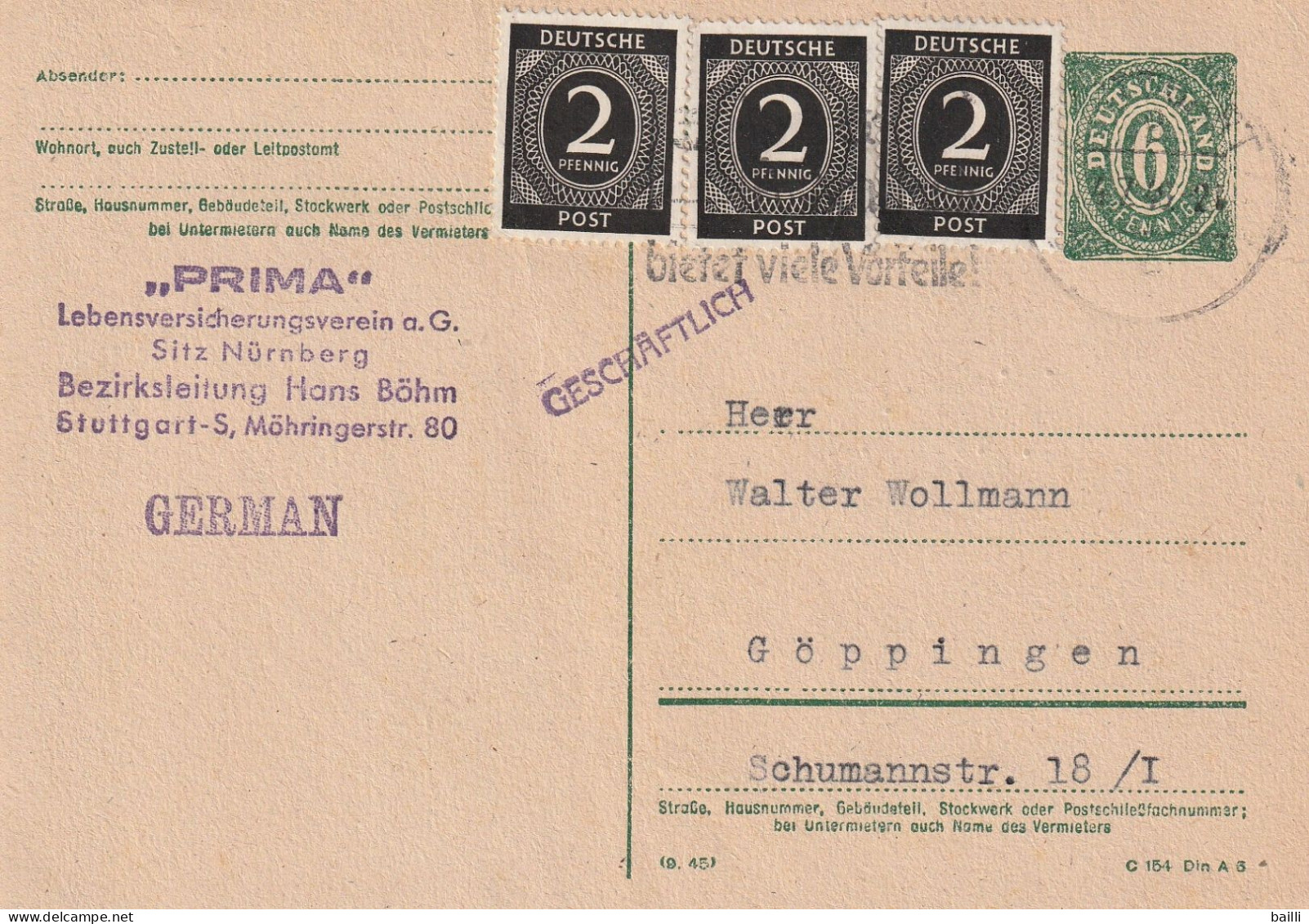 Allemagne Zone AAS Entier Postal Stuttgart 1946 - Entiers Postaux