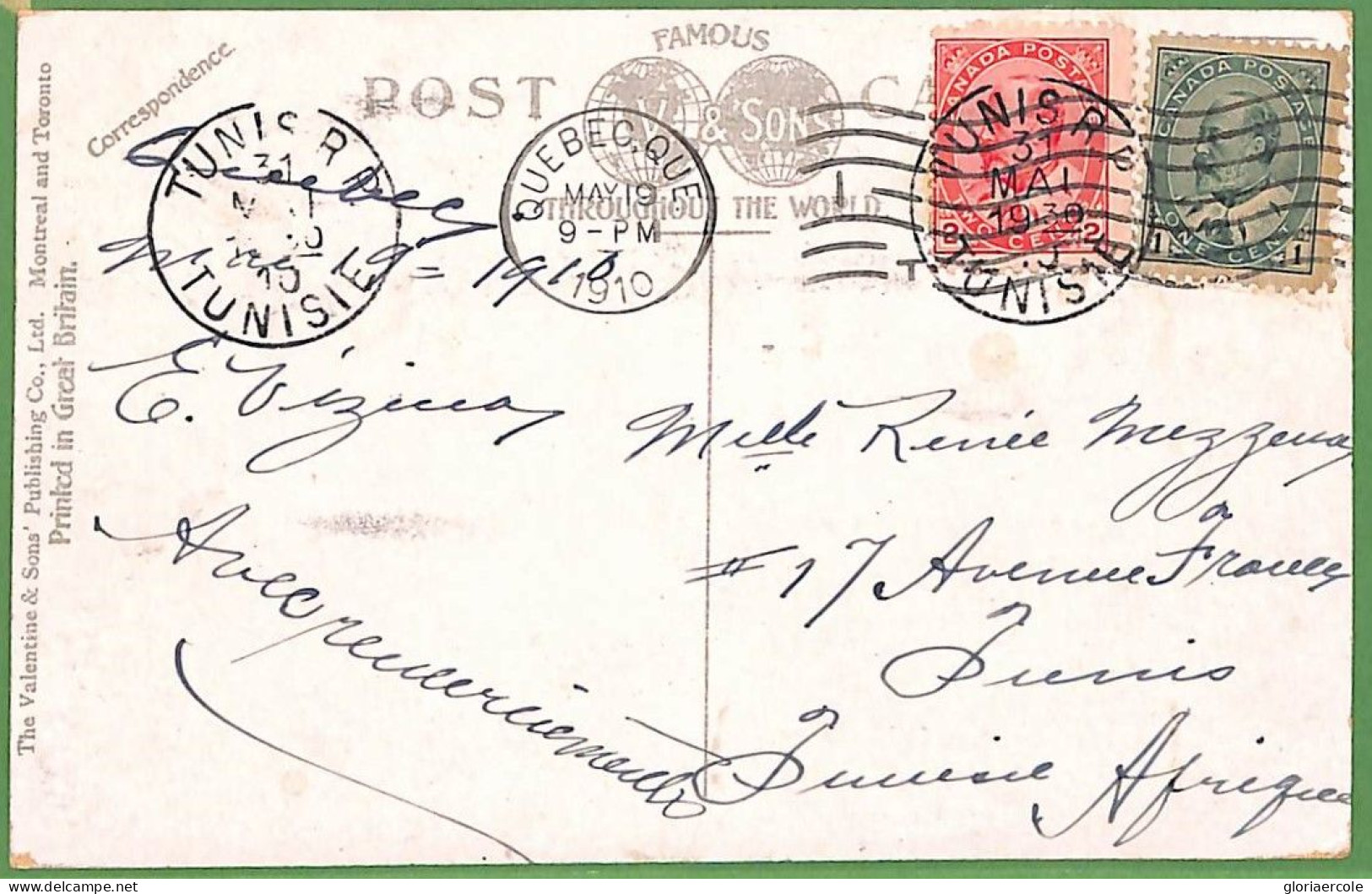 P0947  - CANADA  - POSTAL HISTORY - POSTCARD To TUNISIA - 1910 - Covers & Documents