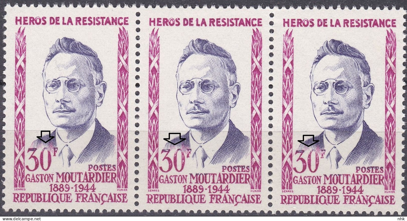 18185 Variété : N° 1202  Gaston Moutardier Faciale évidée 3 états Se Tenant ** - Unused Stamps