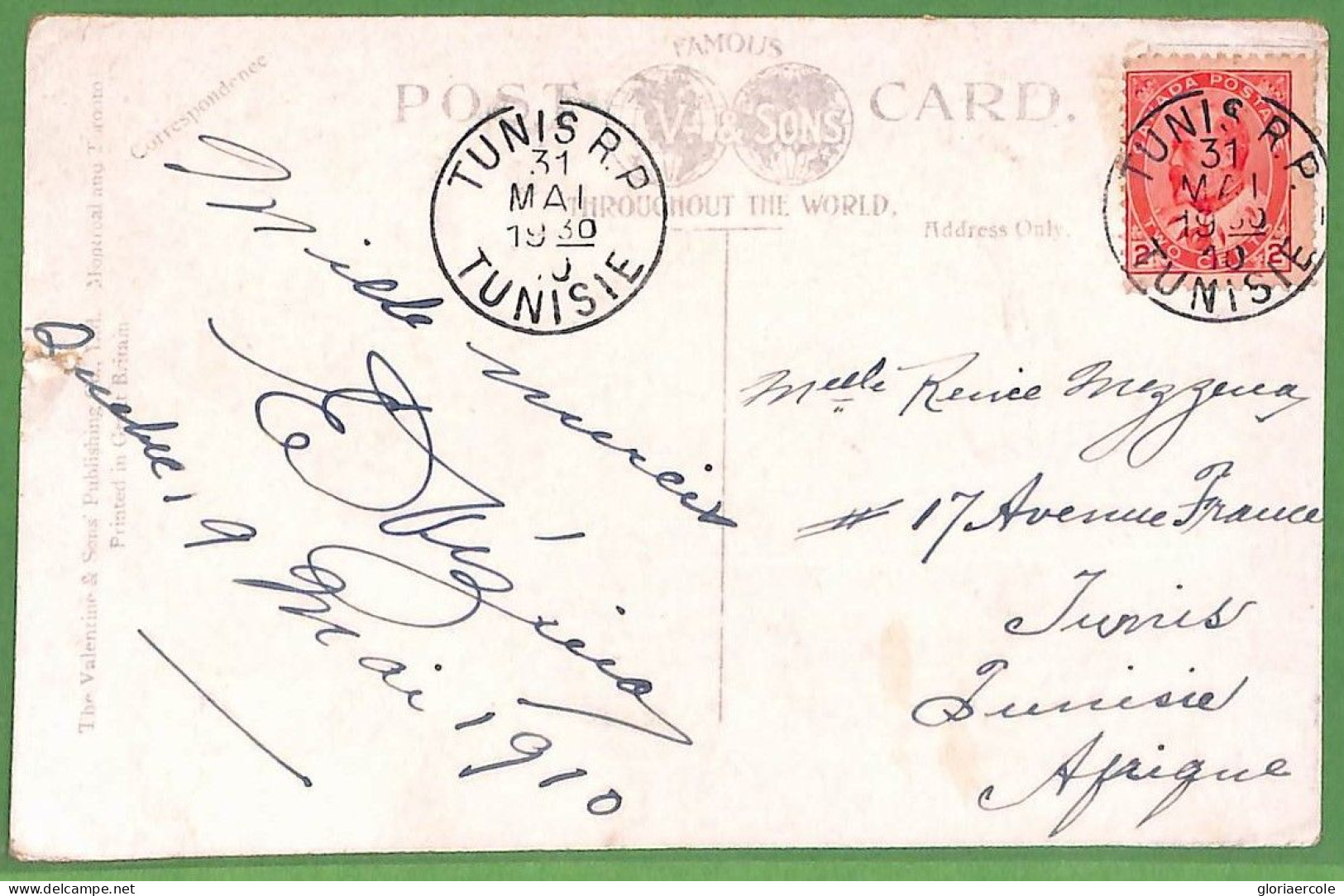 P0955 - CANADA - POSTAL HISTORY - POSTCARD To TUNISIA Cancelled On ARRIVAL 1910 - Brieven En Documenten