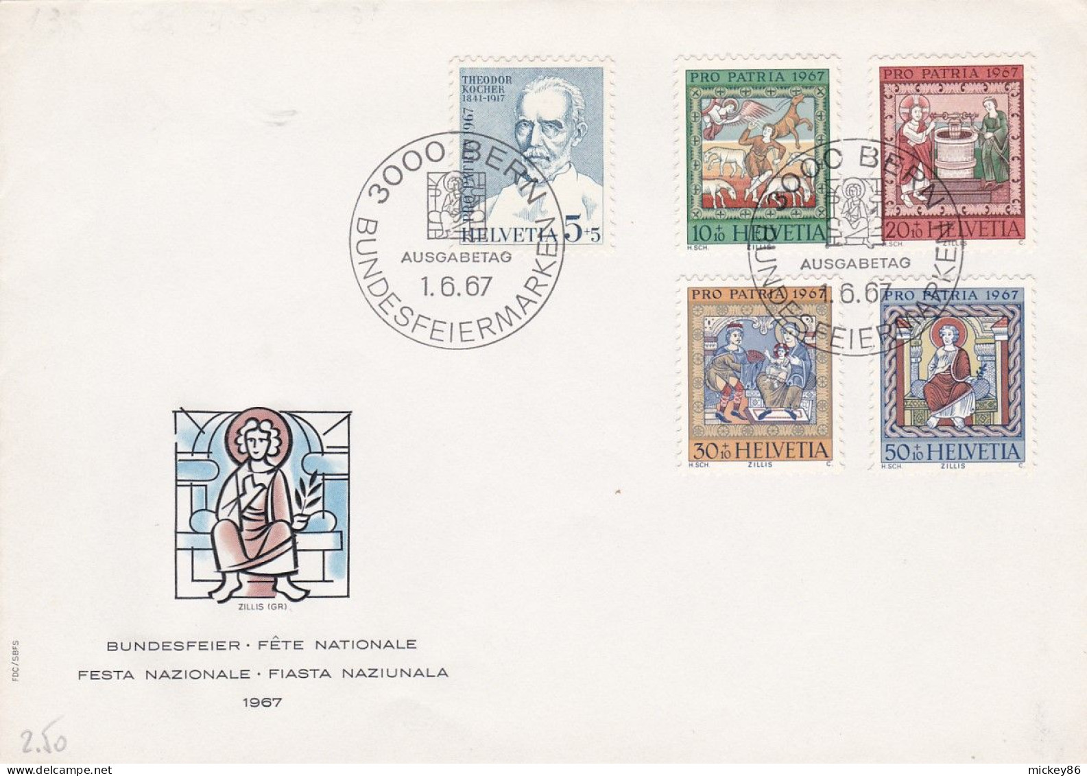 Suisse - 1967 --FDC  Fête Nationale  ...  ( 5 Valeurs--PRO PATRIA ) .....cachet  BERN - FDC