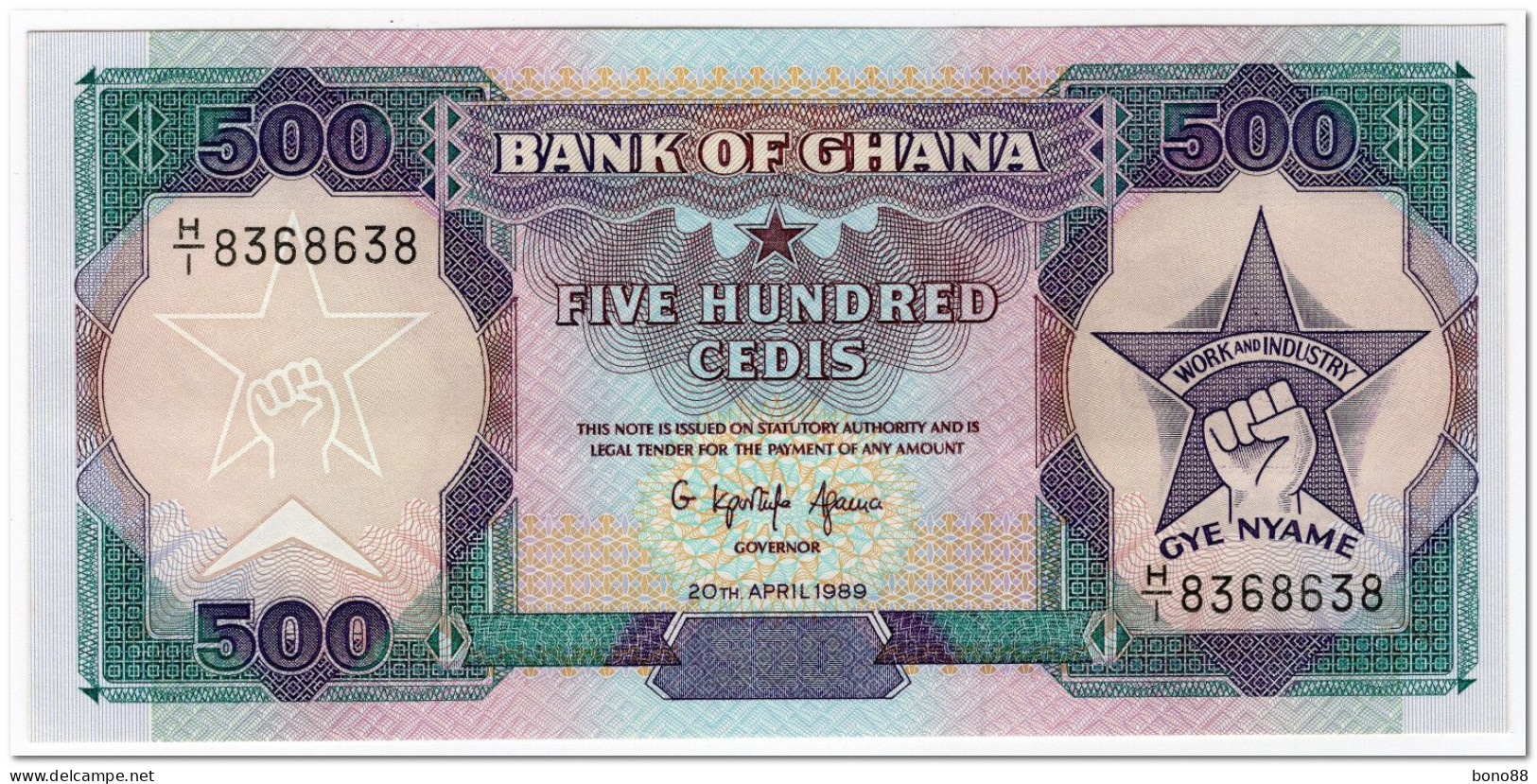 GHANA,500 CEDIS,1989,RADAR SERIAL NUMBER,P.28b,UNC - Ghana