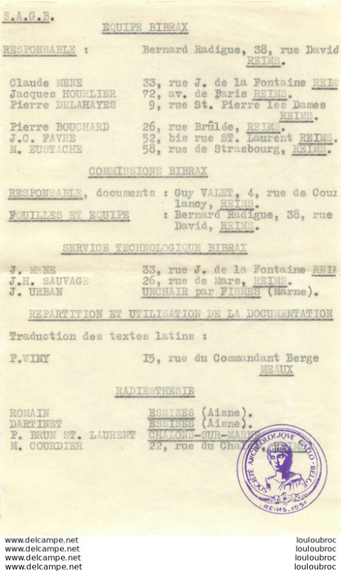 SOCIETE ARCHEOLOGIQUE GALLO BELGE 1952 COMMISSION BIBRAX  COURRIER ET ENVELOPPE - Historische Documenten