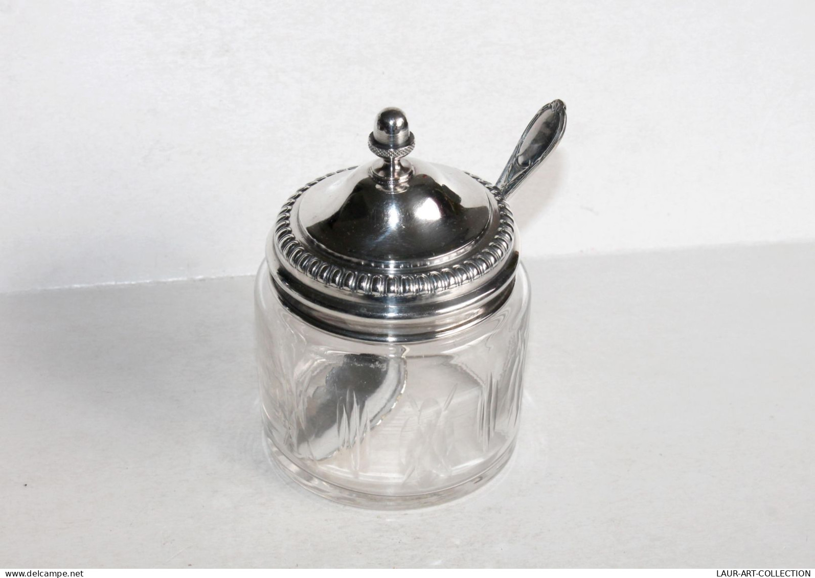 ANCIEN POT CONFITURIER SUCRIER SAUPOUDREUSE En VERRE Et METAL ARGENTÉ + CUILLERE / ART DE LA TABLE & DECORATIF (1102.28) - Autres & Non Classés