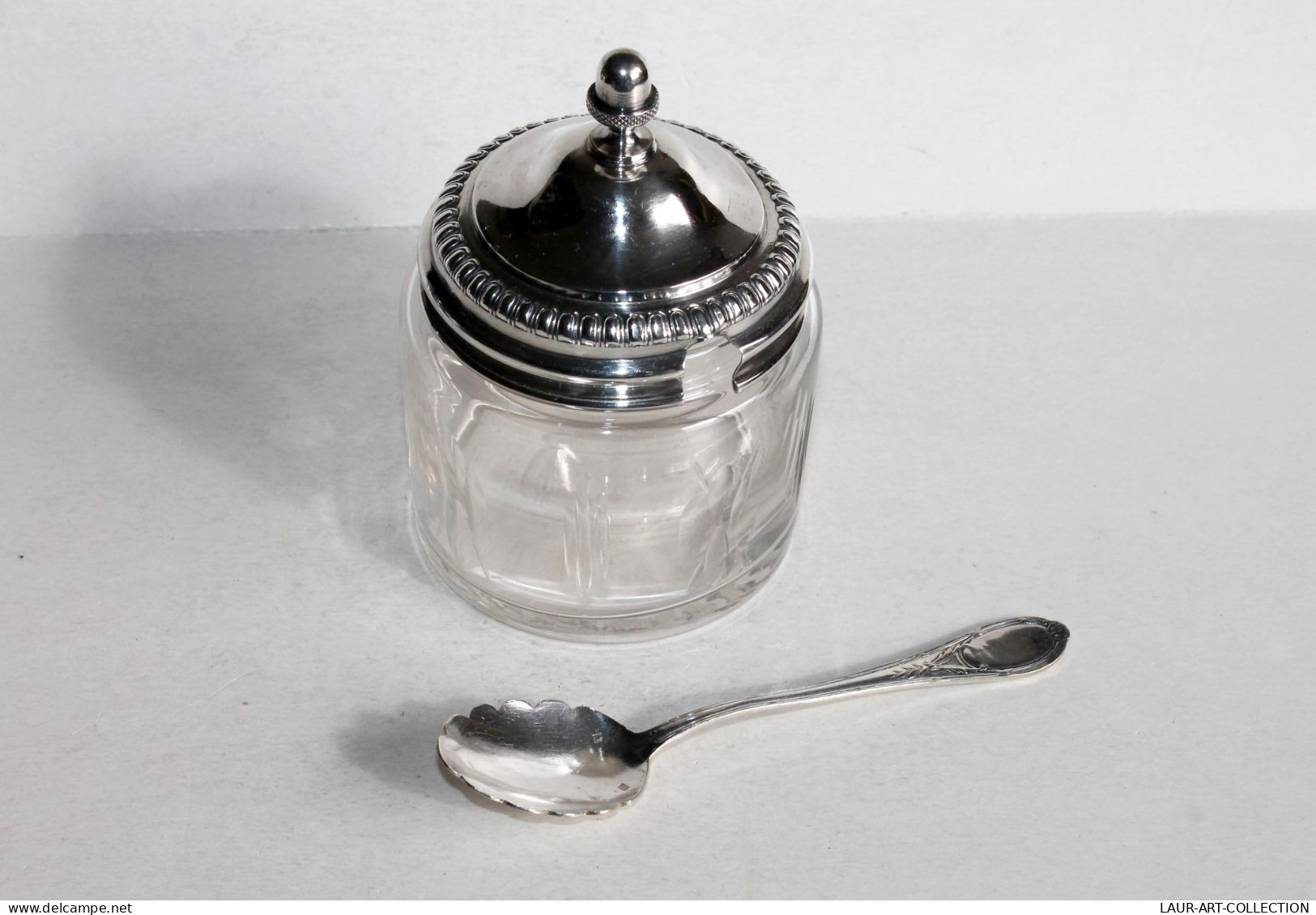 ANCIEN POT CONFITURIER SUCRIER SAUPOUDREUSE En VERRE Et METAL ARGENTÉ + CUILLERE / ART DE LA TABLE & DECORATIF (1102.28) - Autres & Non Classés