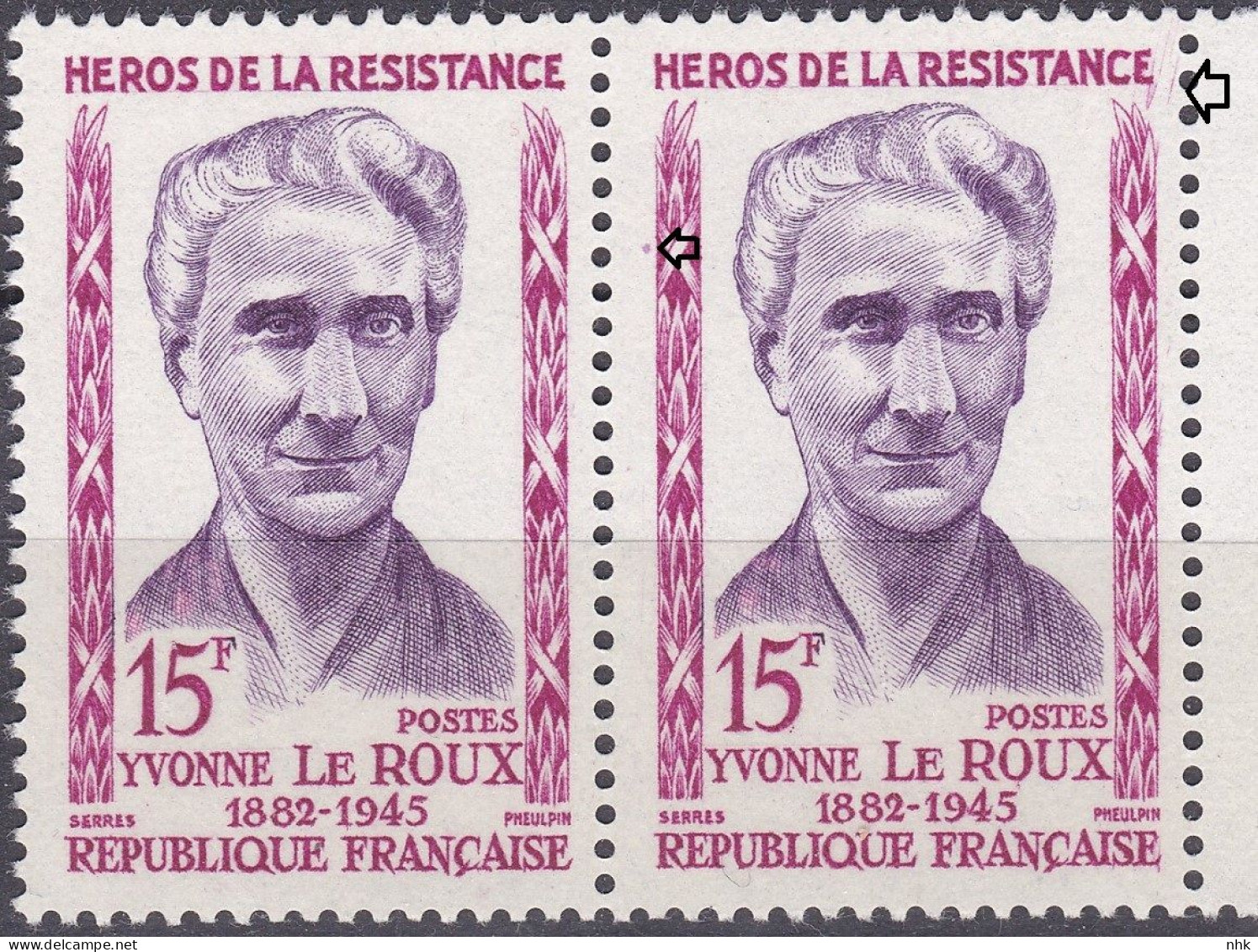 18194 Variété : N° 1199 Yvonne Le Roux Anneau Lune Et Défaut D'essuyage Tenant à Normal  ** - Unused Stamps