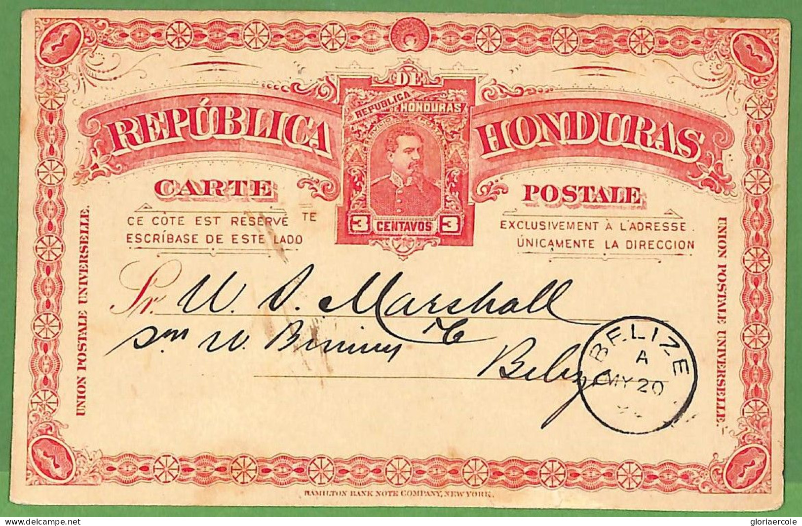 P0956 - HONDURAS - POSTAL HISTORY -  STATIONERY CARD To BELIZE 1891 - Honduras