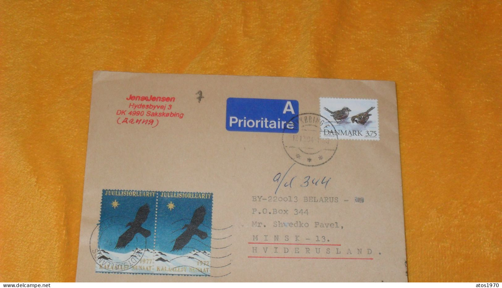 ENVELOPPE DE 1994 .../ CACHETS SAKSKOBING DANEMARK POUR MINSK HVIDERUSLAND..+ TIMBRES X3 - Lettres & Documents