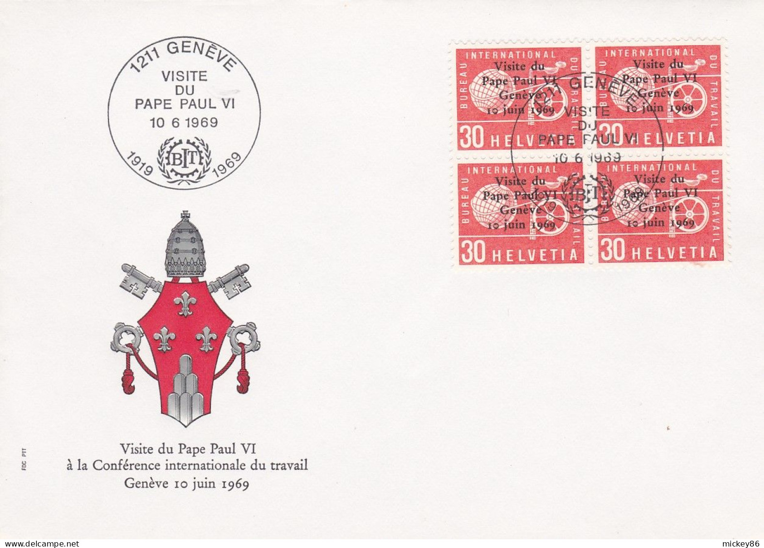Suisse - 1969 --Souvenir Visite Du Pape PAUL VI Au BIT à Genève ...  (Bloc De 4 Valeurs ) .cachet  GENEVE - Poststempel
